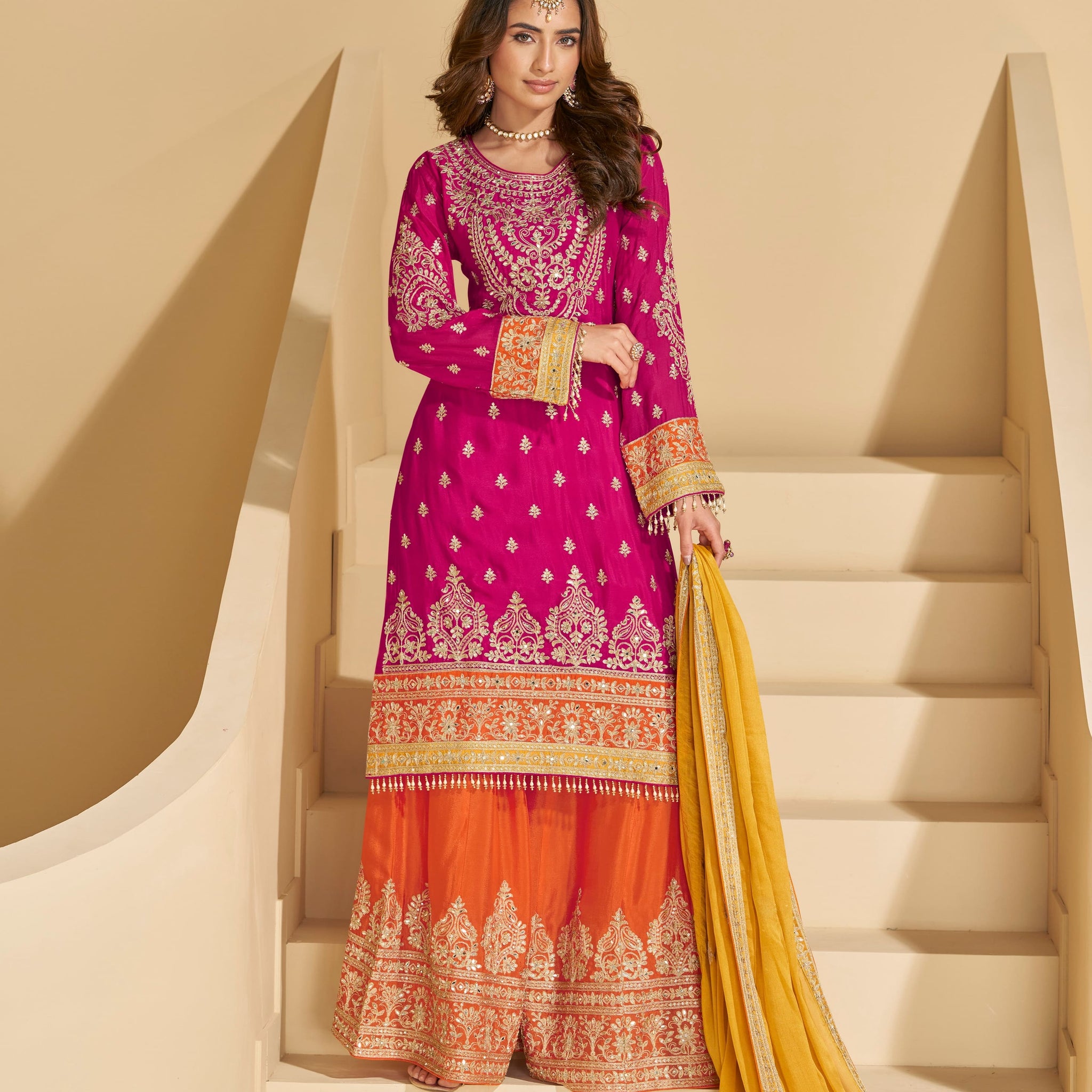 Pink & Orange Chinon Silk Sharara Suit with Yellow Dupatta