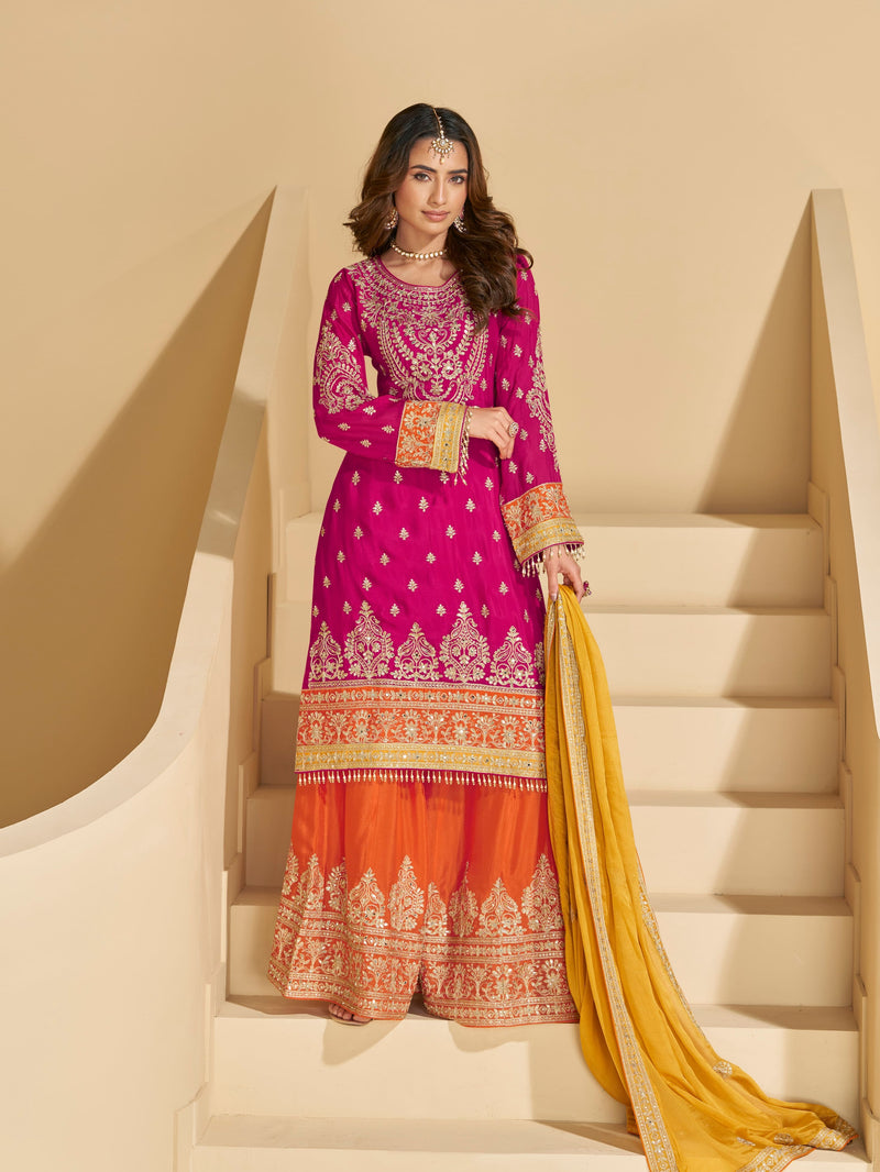 Pink & Orange Chinon Silk Sharara Suit with Yellow Dupatta