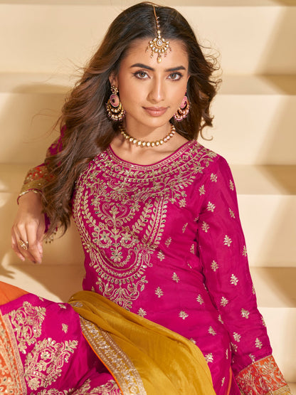 Pink &amp; Orange Chinon Silk Sharara Suit with Yellow Dupatta