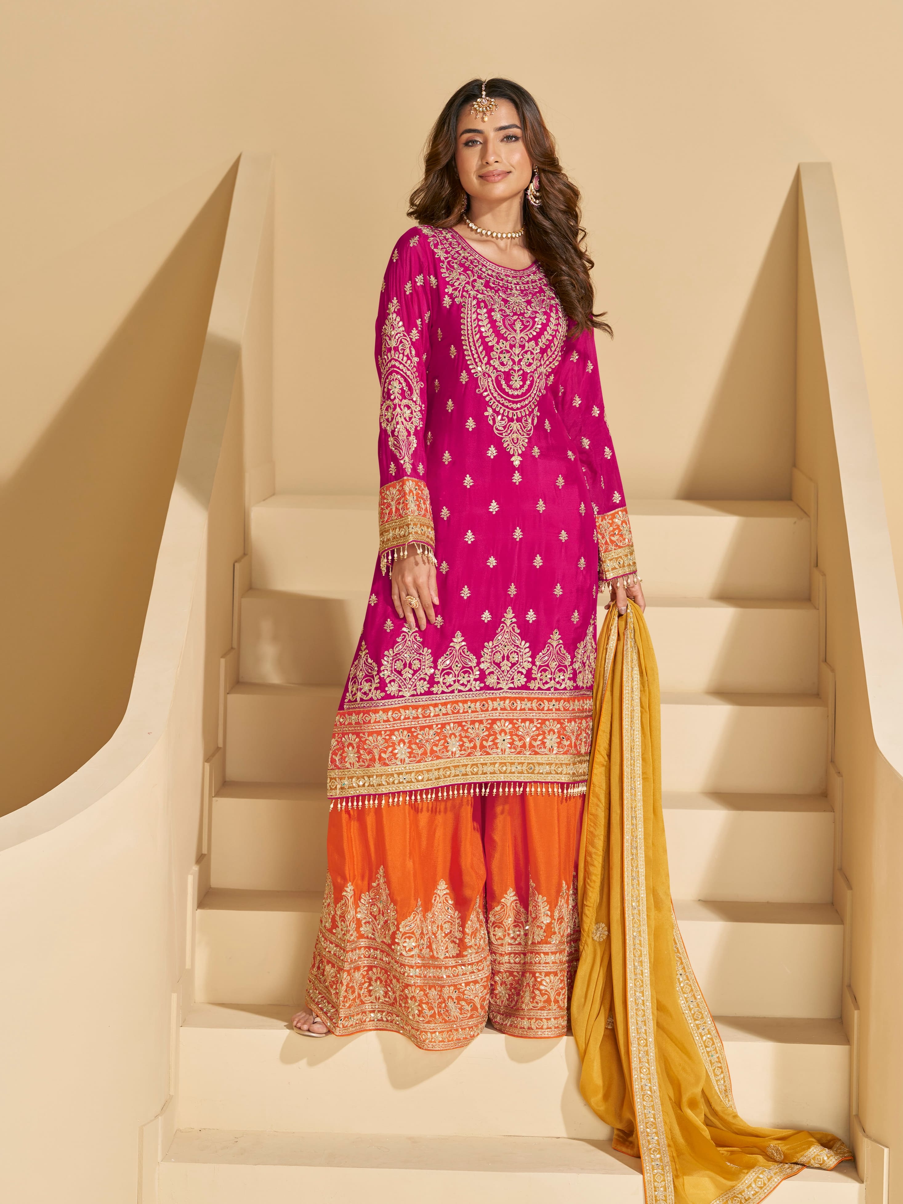Pink &amp; Orange Chinon Silk Sharara Suit with Yellow Dupatta