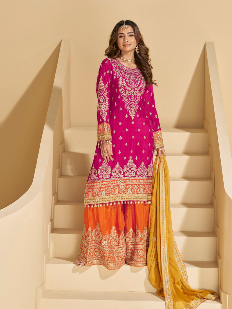 Pink & Orange Chinon Silk Sharara Suit with Yellow Dupatta