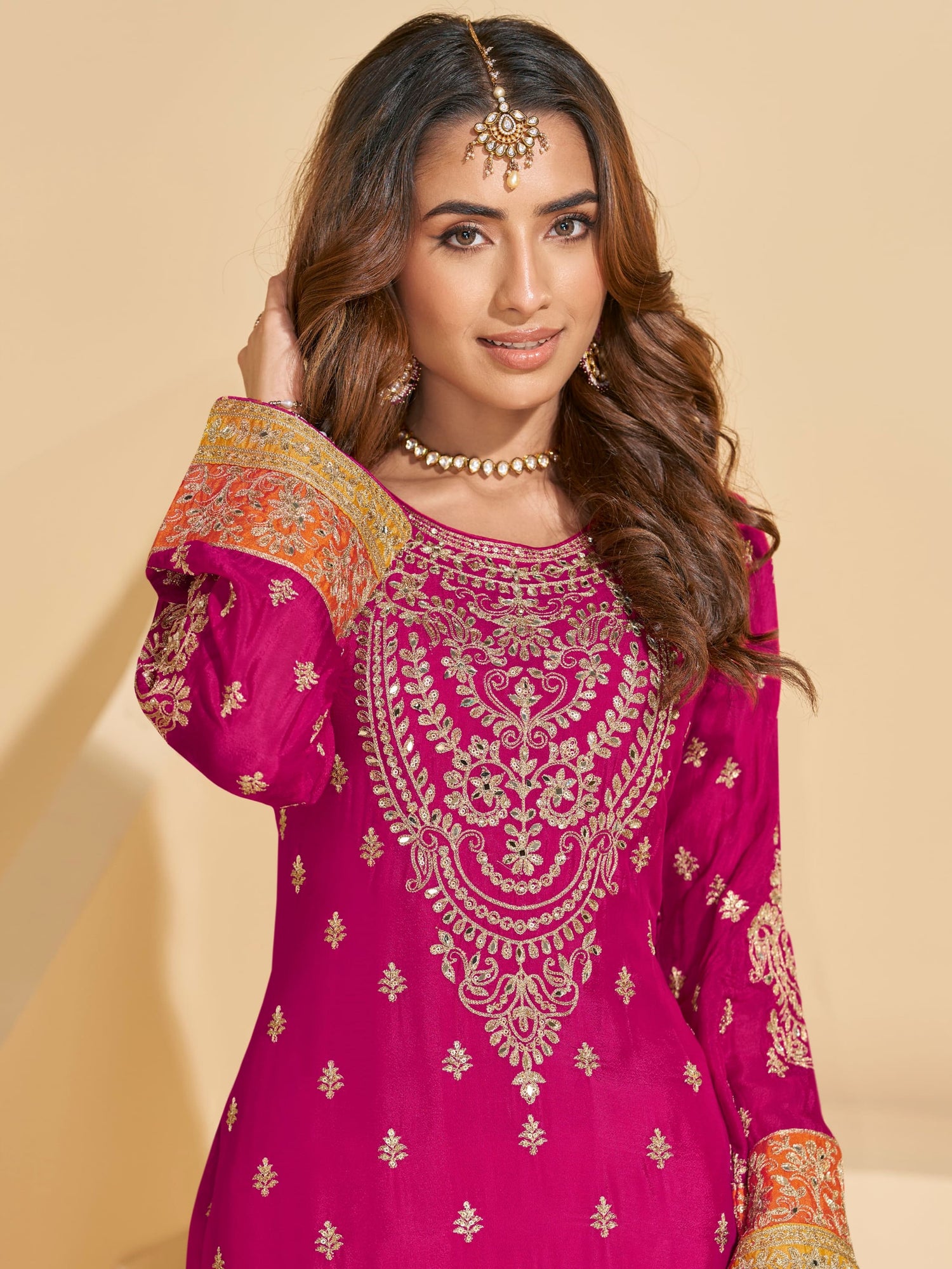 Pink &amp; Orange Chinon Silk Sharara Suit with Yellow Dupatta