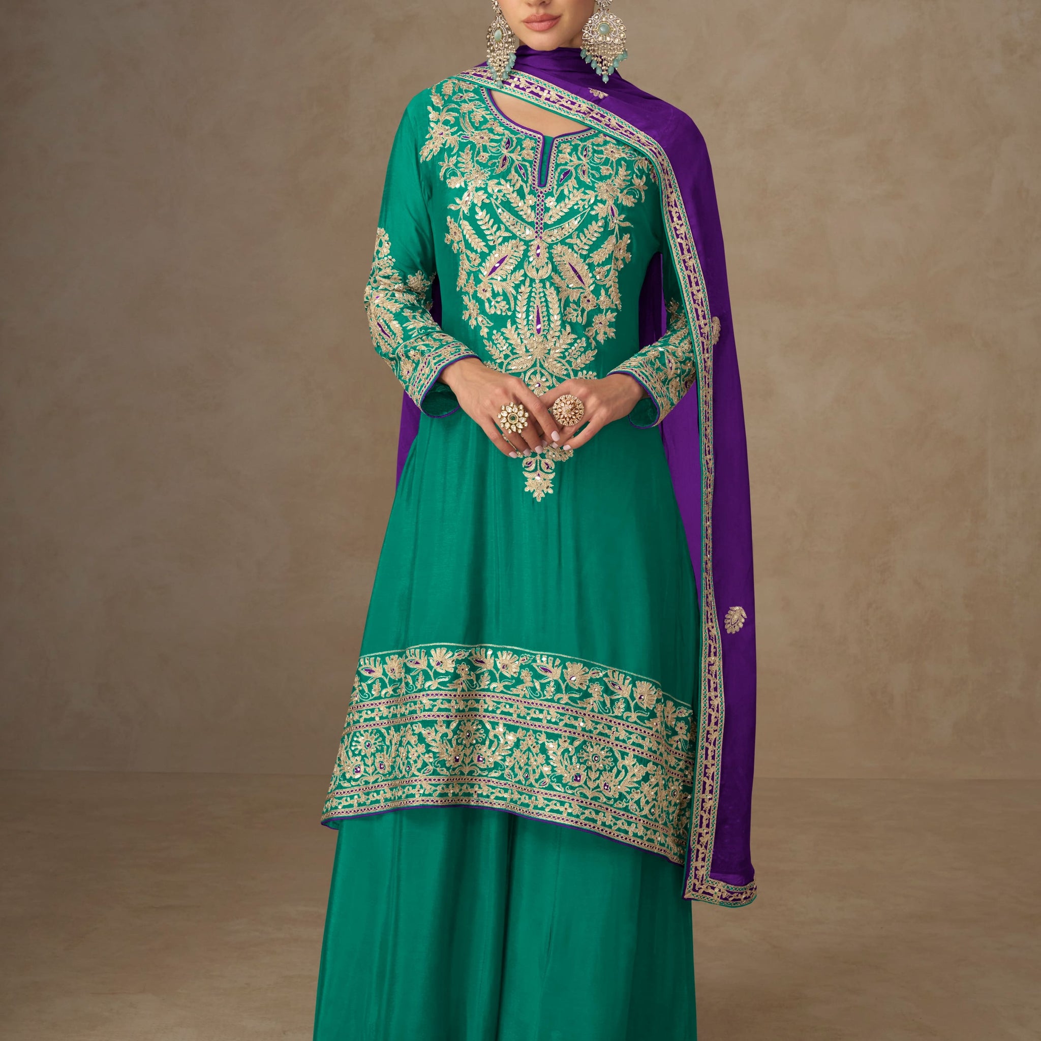 Green Chinon Silk Sharara Suit with Hand Embroidery