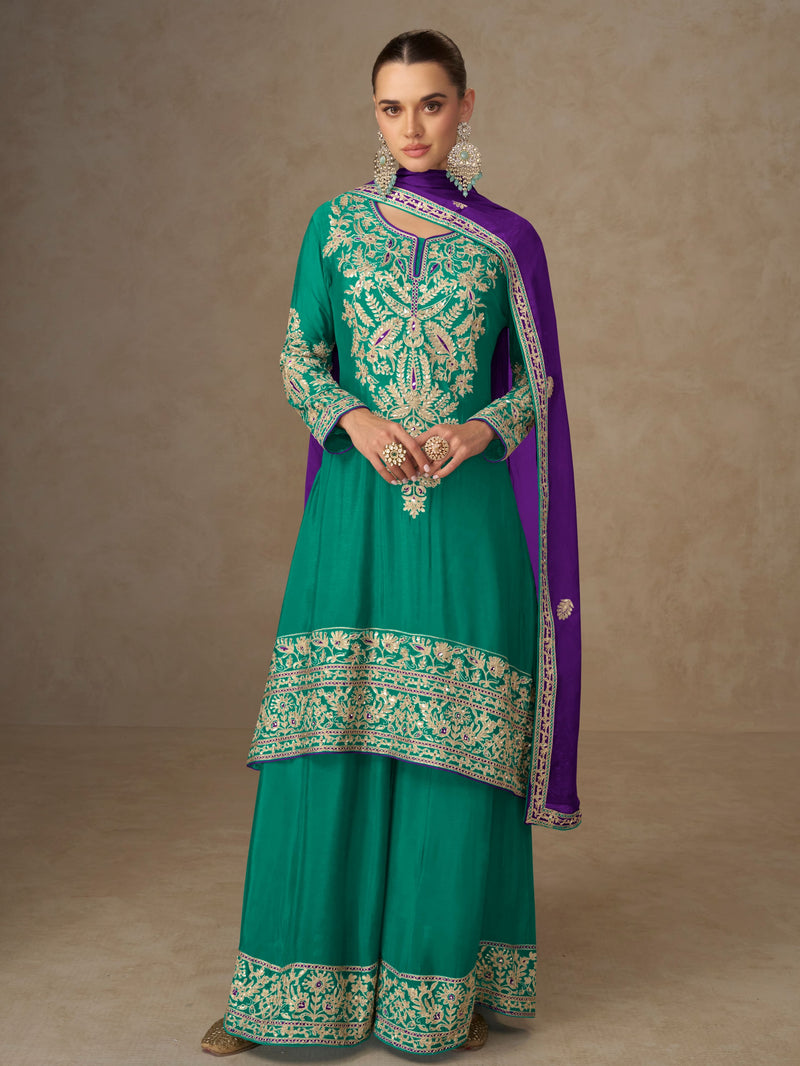 Green Chinon Silk Sharara Suit with Hand Embroidery
