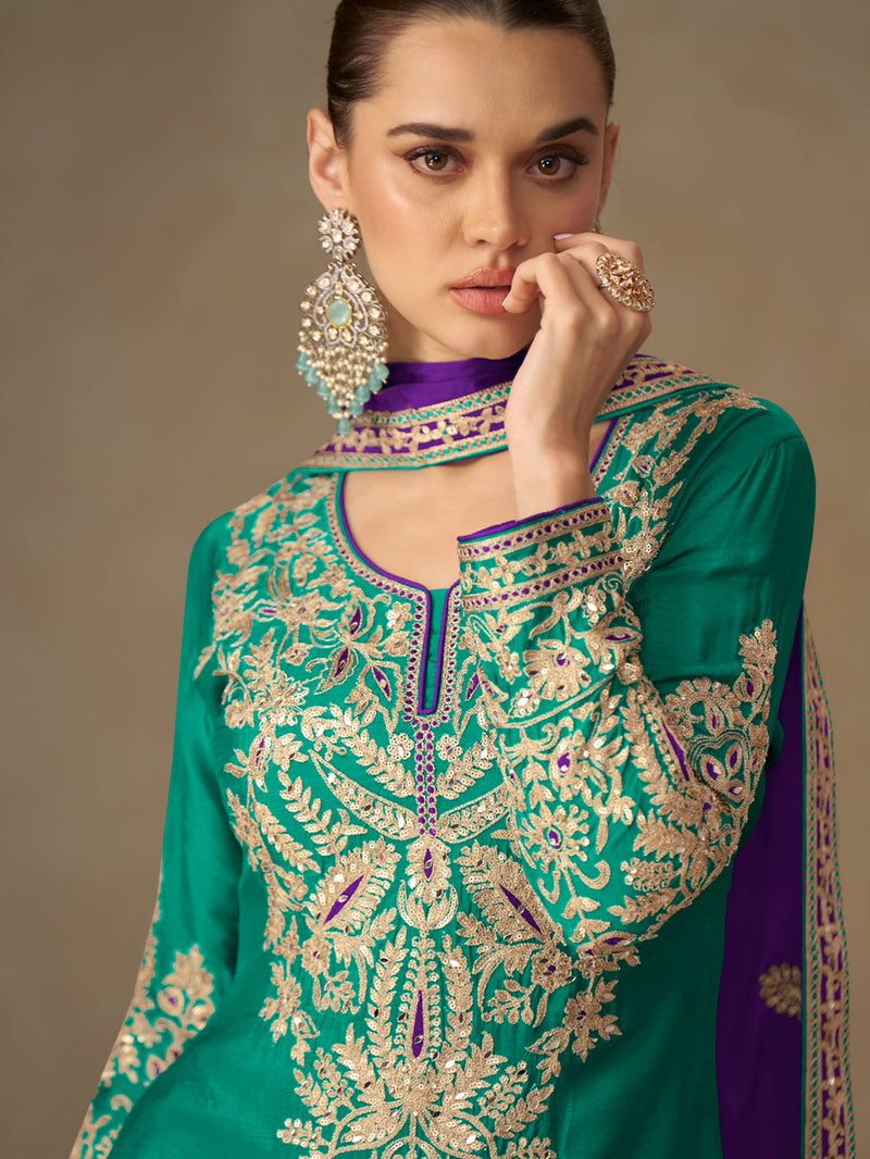 Green Chinon Silk Sharara Suit with Hand Embroidery