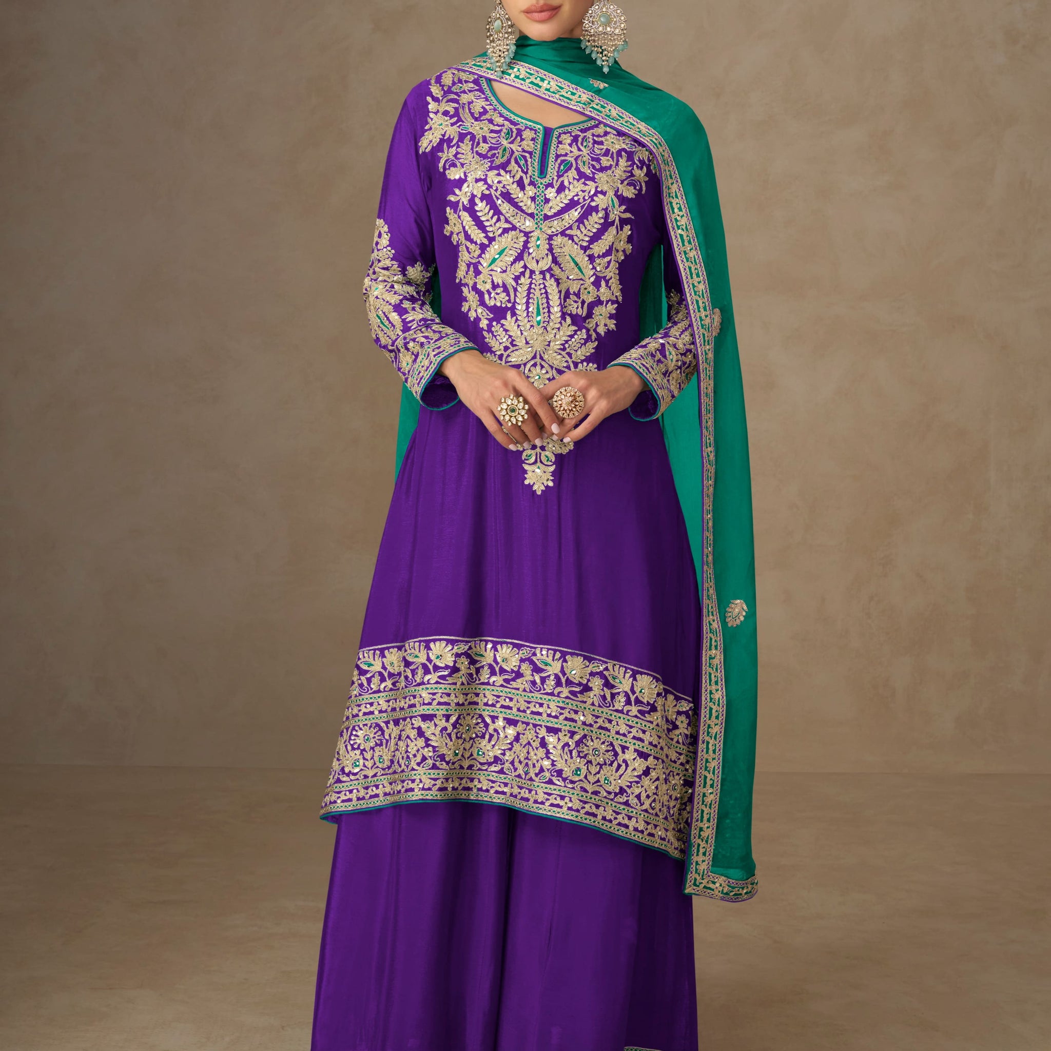 Royal Purple Chinon Silk Embroidered Sharara Suit