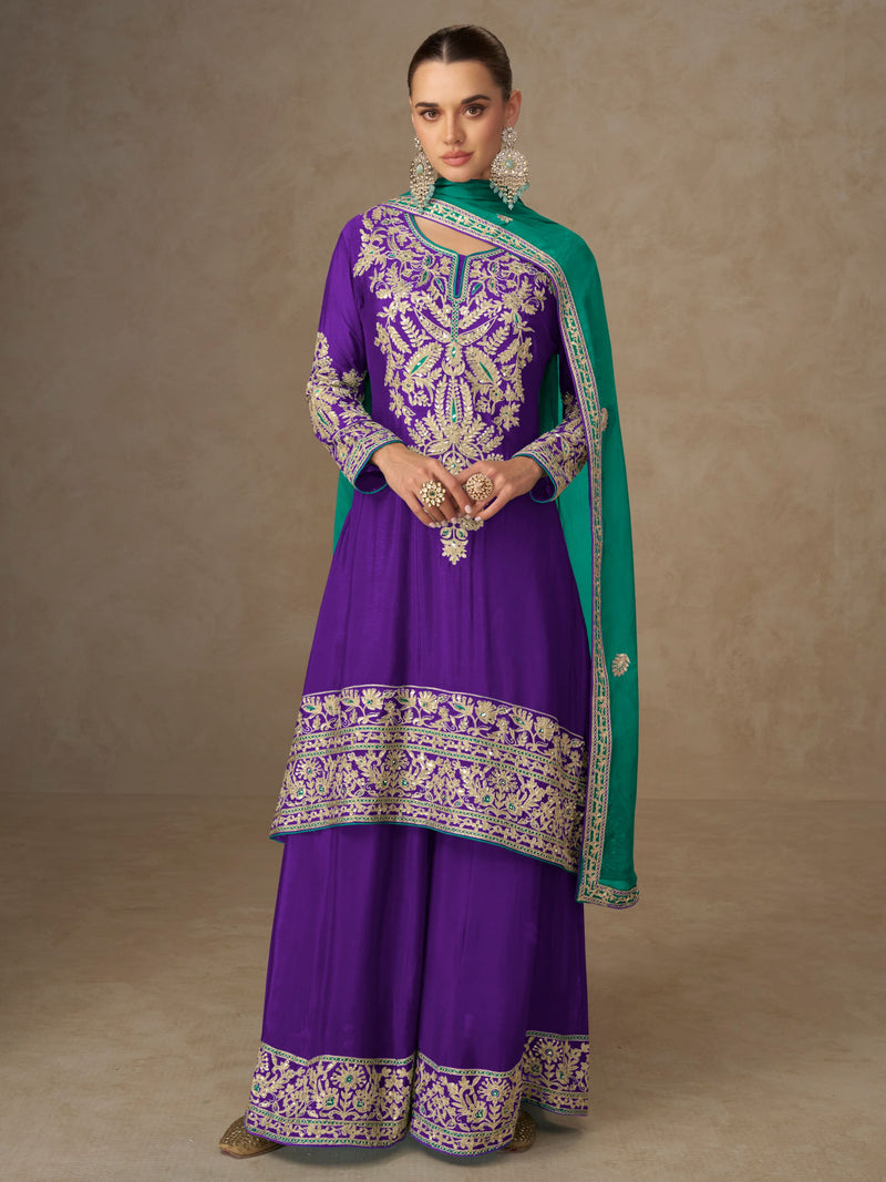 Royal Purple Chinon Silk Embroidered Sharara Suit
