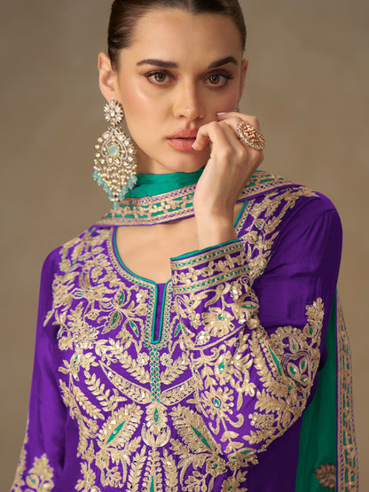 Royal Purple Chinon Silk Embroidered Sharara Suit