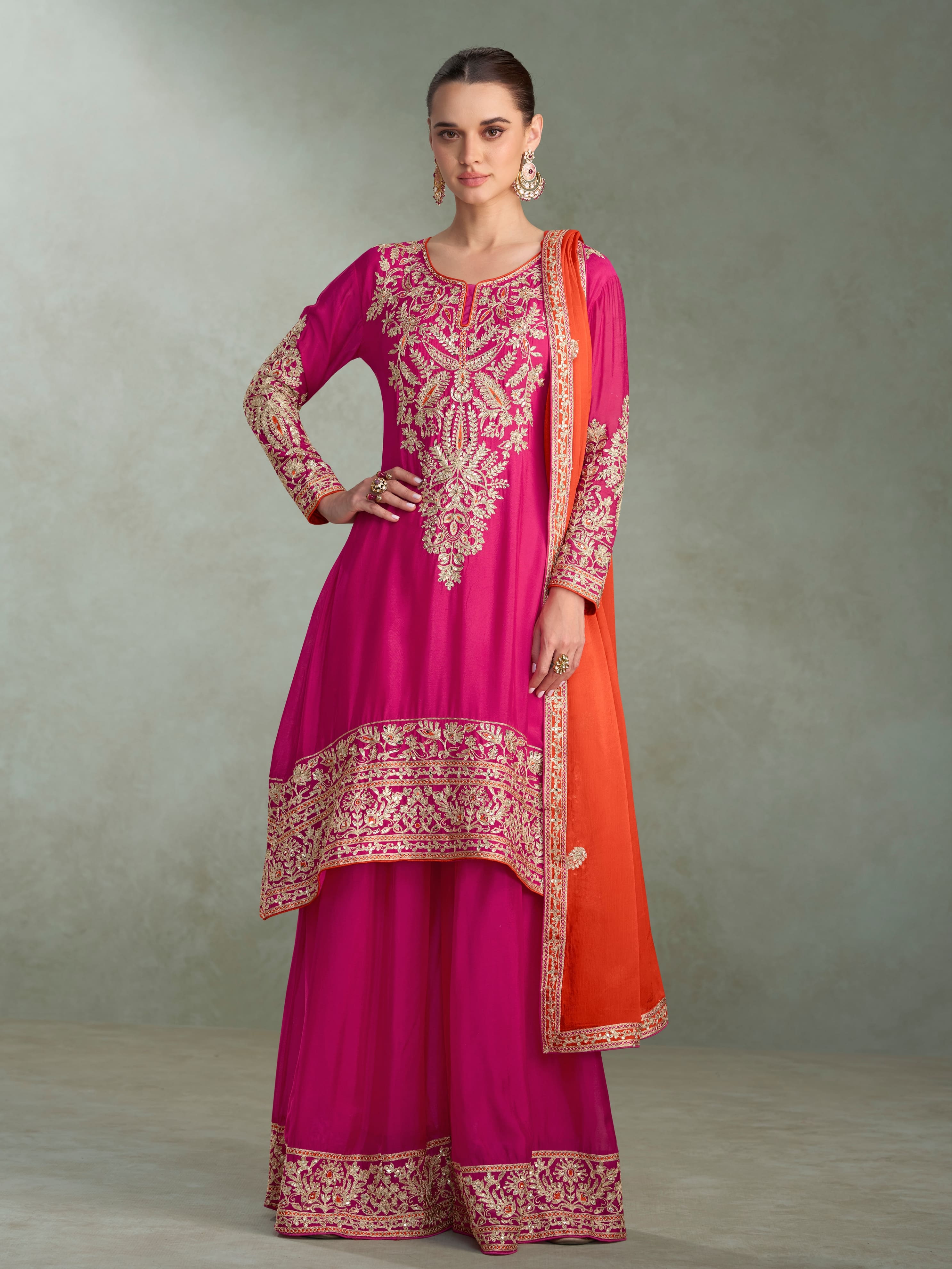 Pink Chinon Silk Sharara Suit with Traditional Embroidery