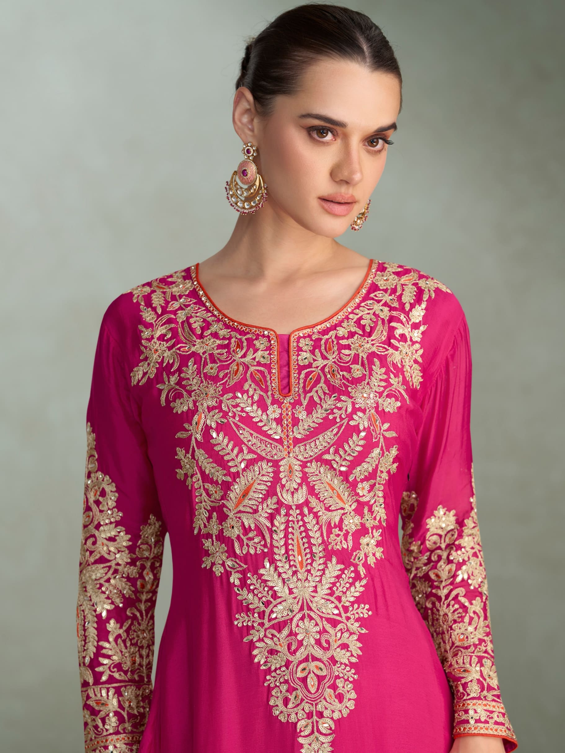 Pink Chinon Silk Sharara Suit with Traditional Embroidery