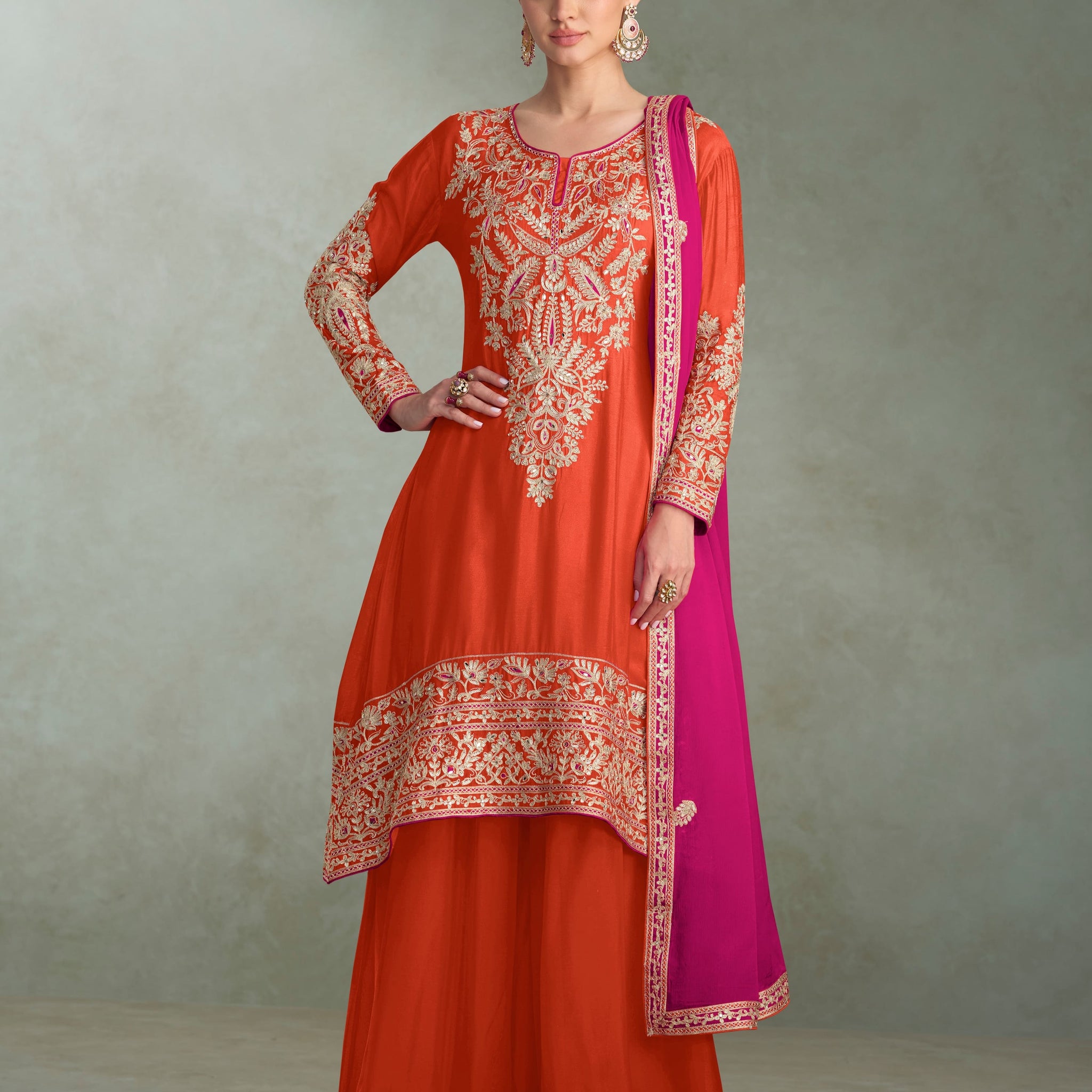 Orange Chinon Silk Embroidered Sharara Suit with Pink Dupatta