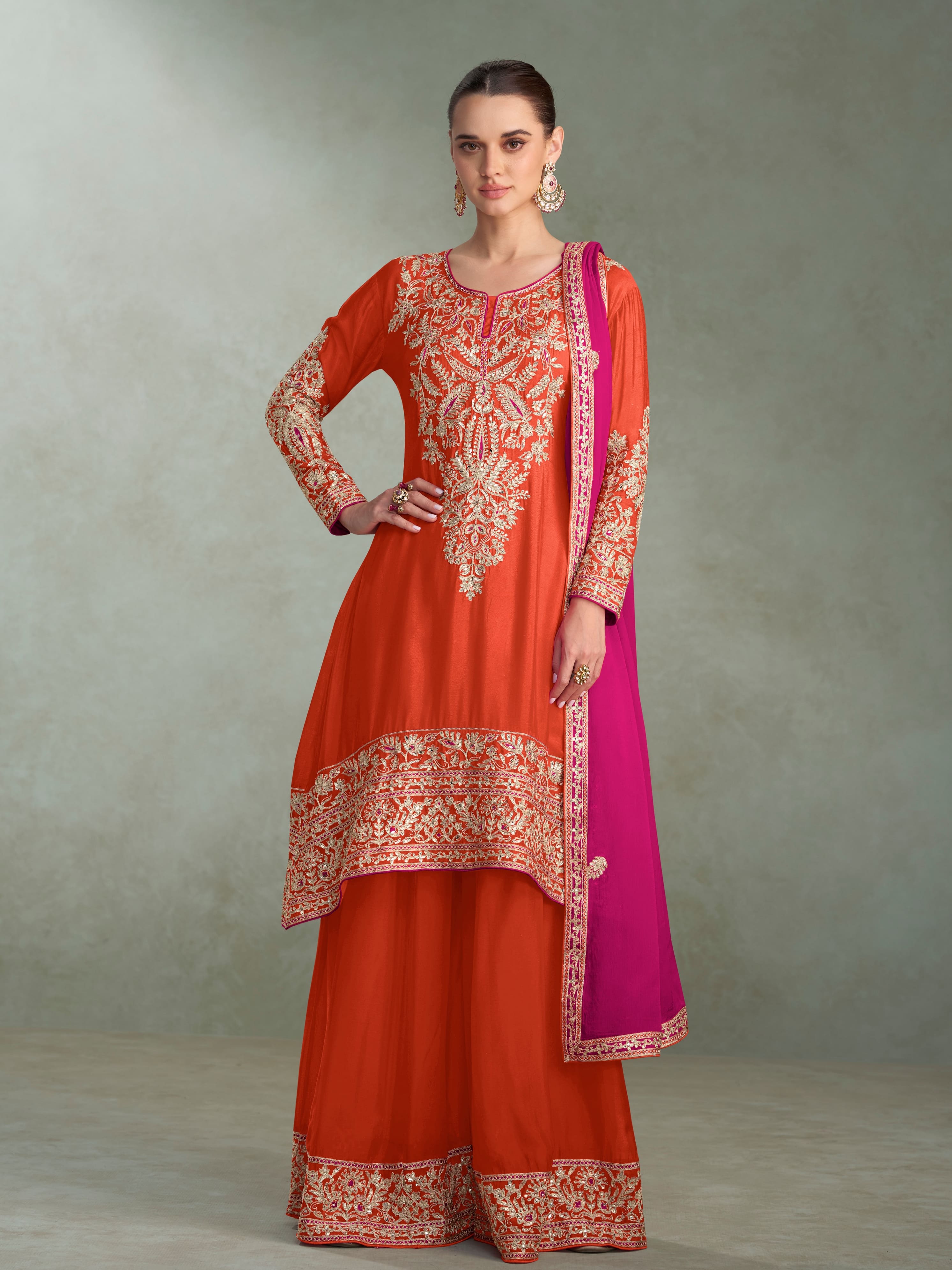 Orange Chinon Silk Embroidered Sharara Suit with Pink Dupatta