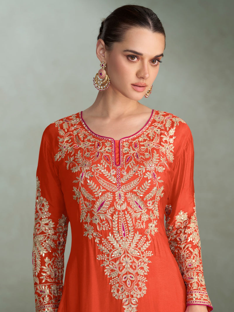 Orange Chinon Silk Embroidered Sharara Suit with Pink Dupatta