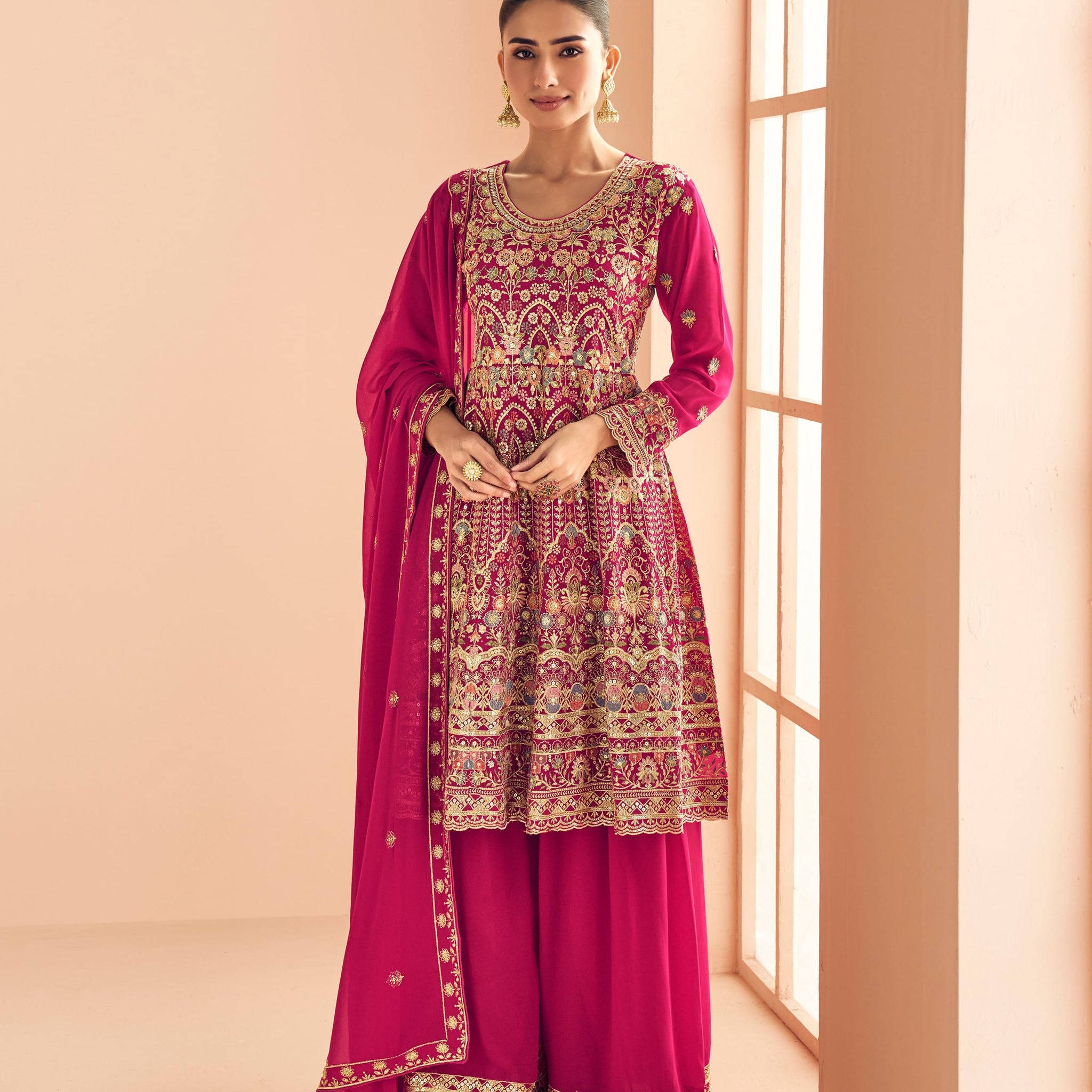 Rani Pink Georgette Embroidered Sharara Suit