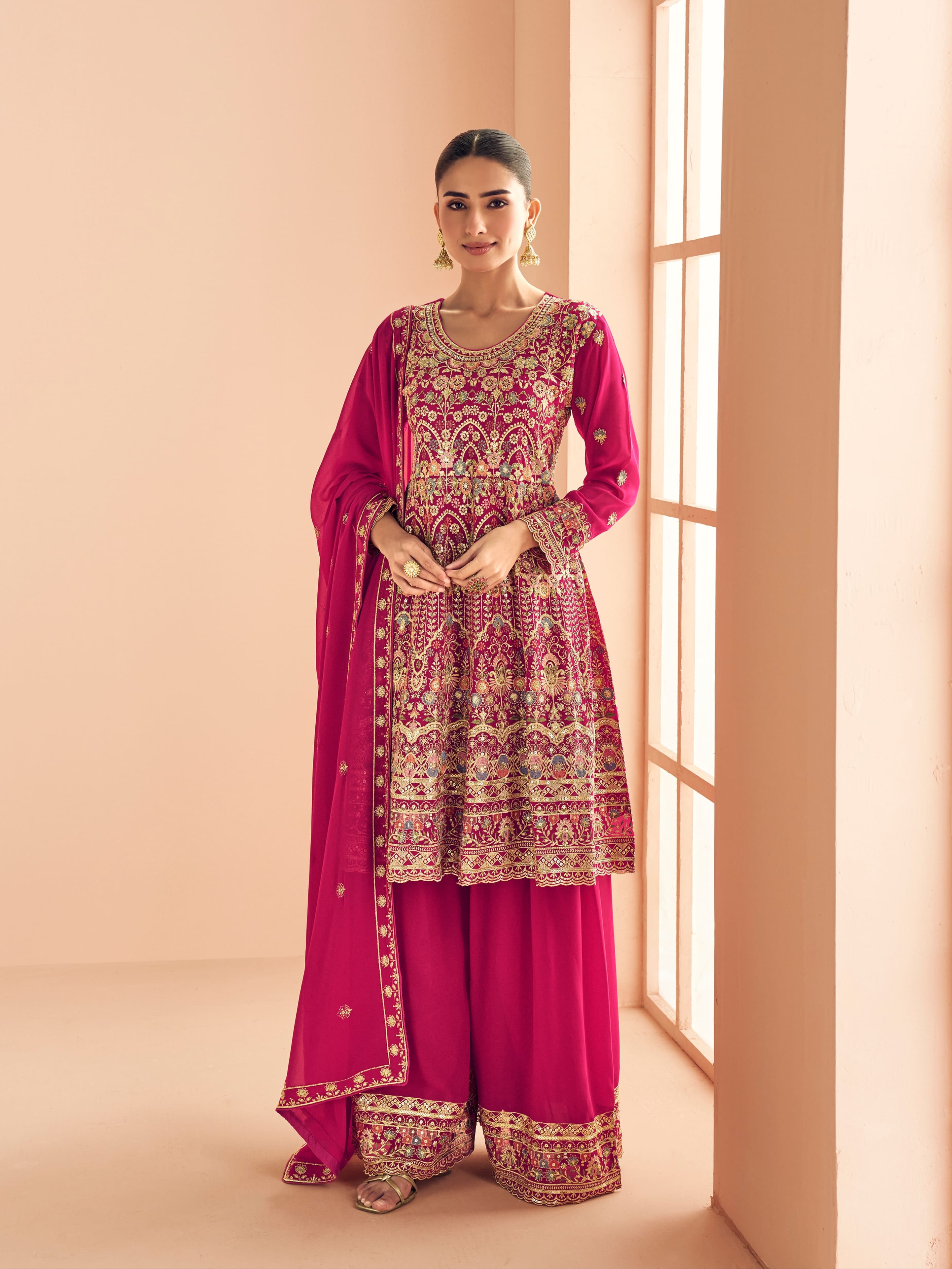 Rani Pink Georgette Embroidered Sharara Suit
