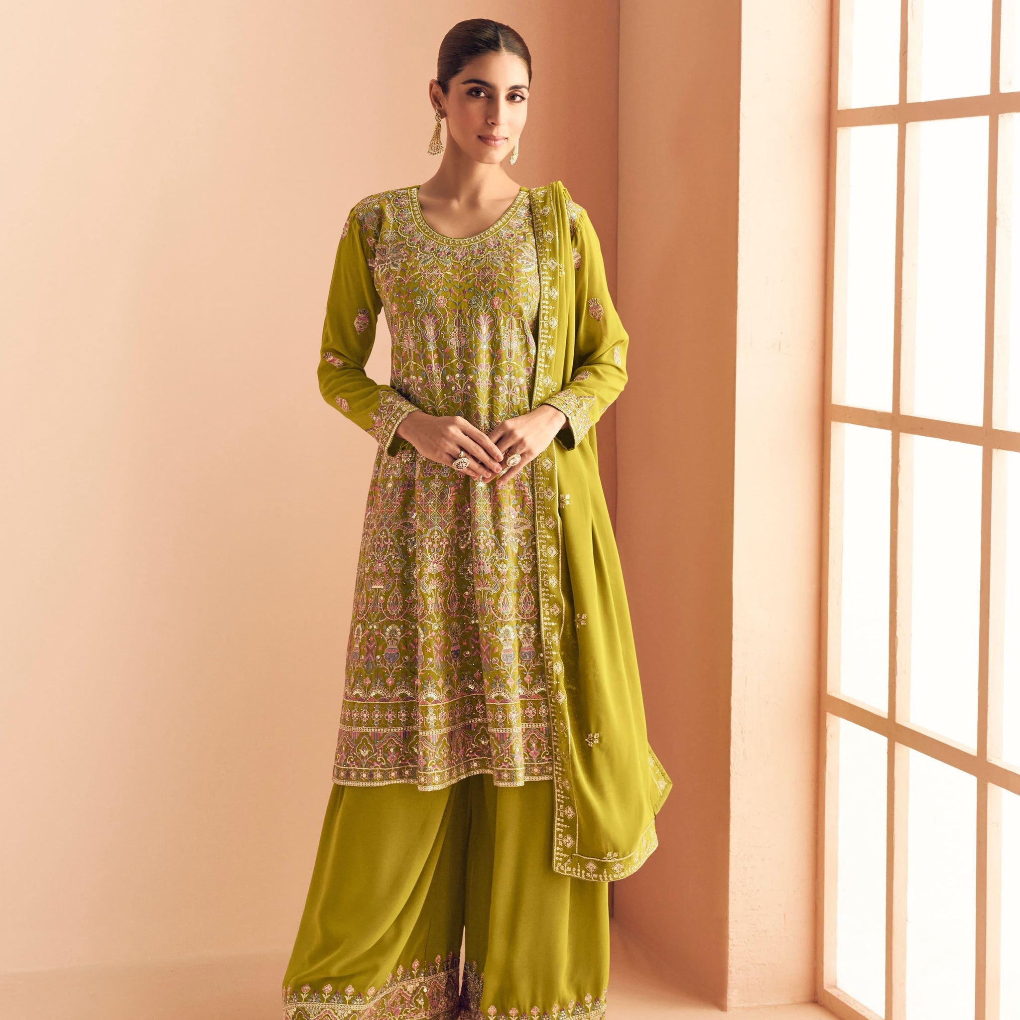 Olive Green Georgette Embroidered Sharara Suit with Dupatta
