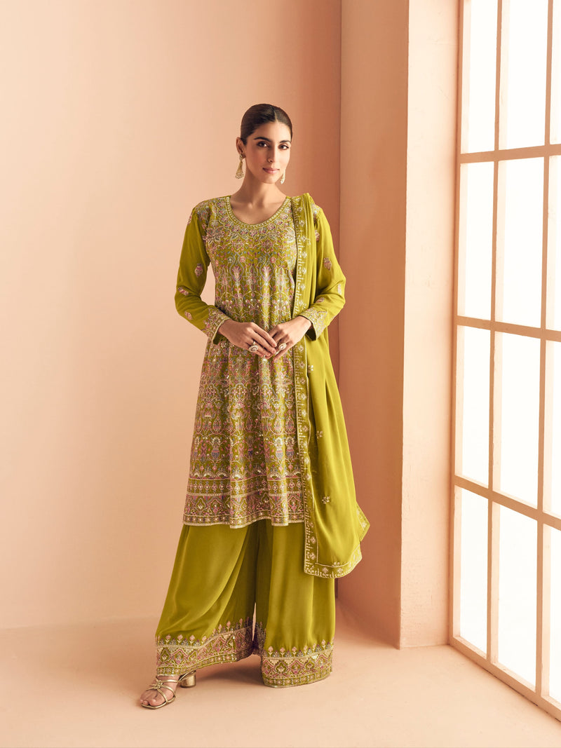 Olive Green Georgette Embroidered Sharara Suit with Dupatta