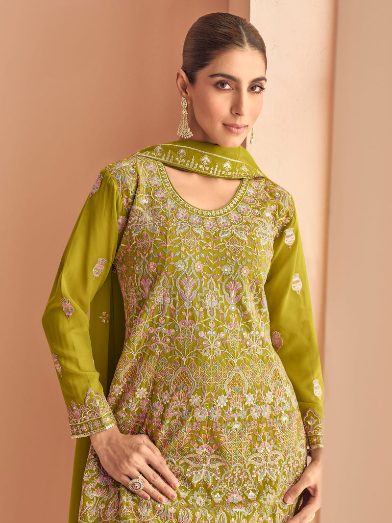 Olive Green Georgette Embroidered Sharara Suit with Dupatta