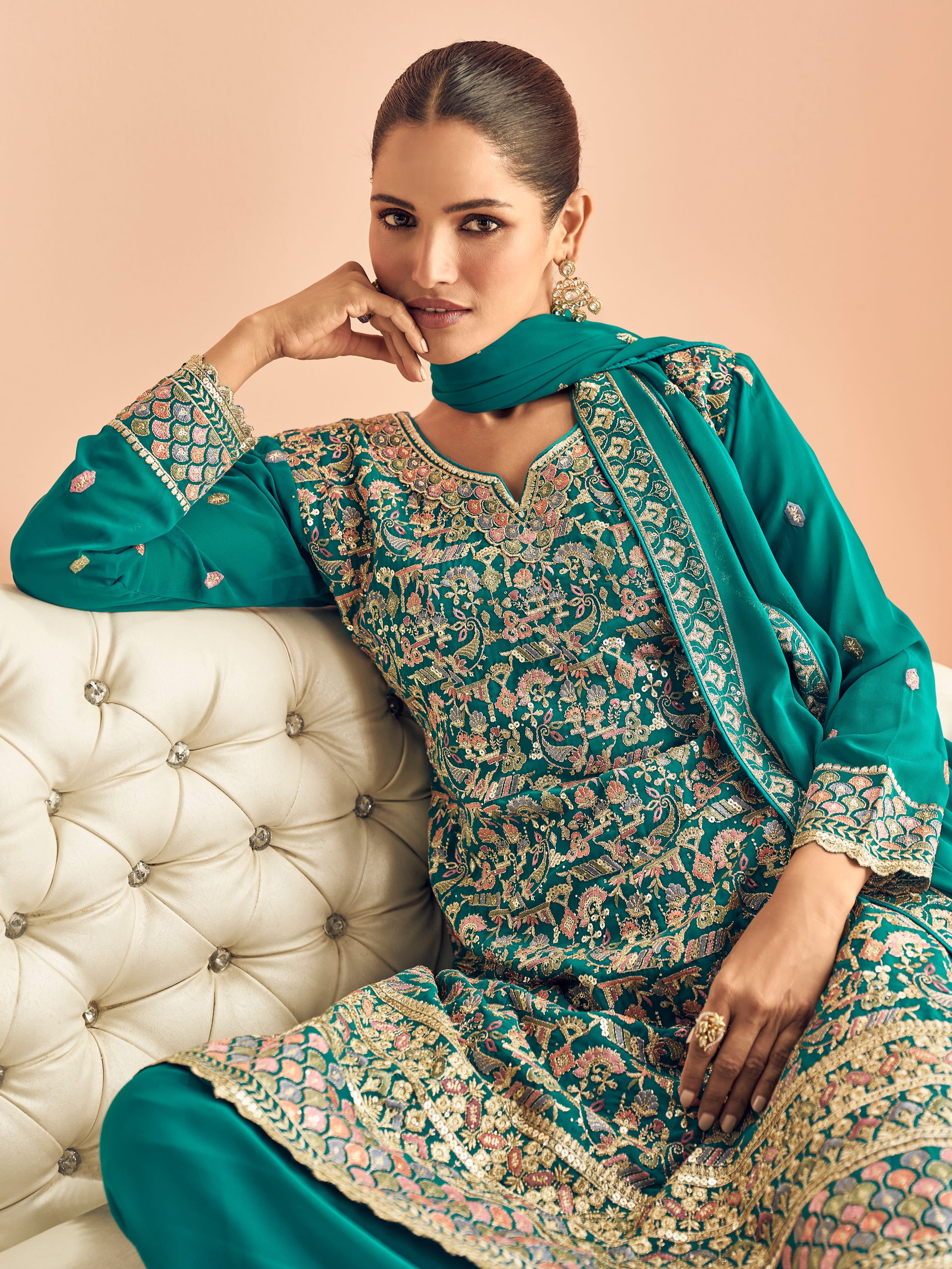 Teal Blue Georgette Embroidered Sharara Suit with Dupatta