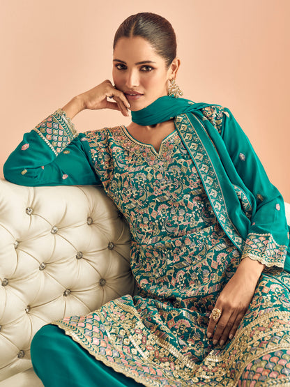 Teal Blue Georgette Embroidered Sharara Suit with Dupatta