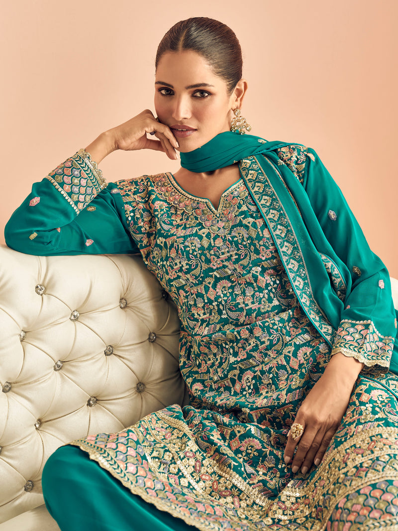 Teal Blue Georgette Embroidered Sharara Suit with Dupatta
