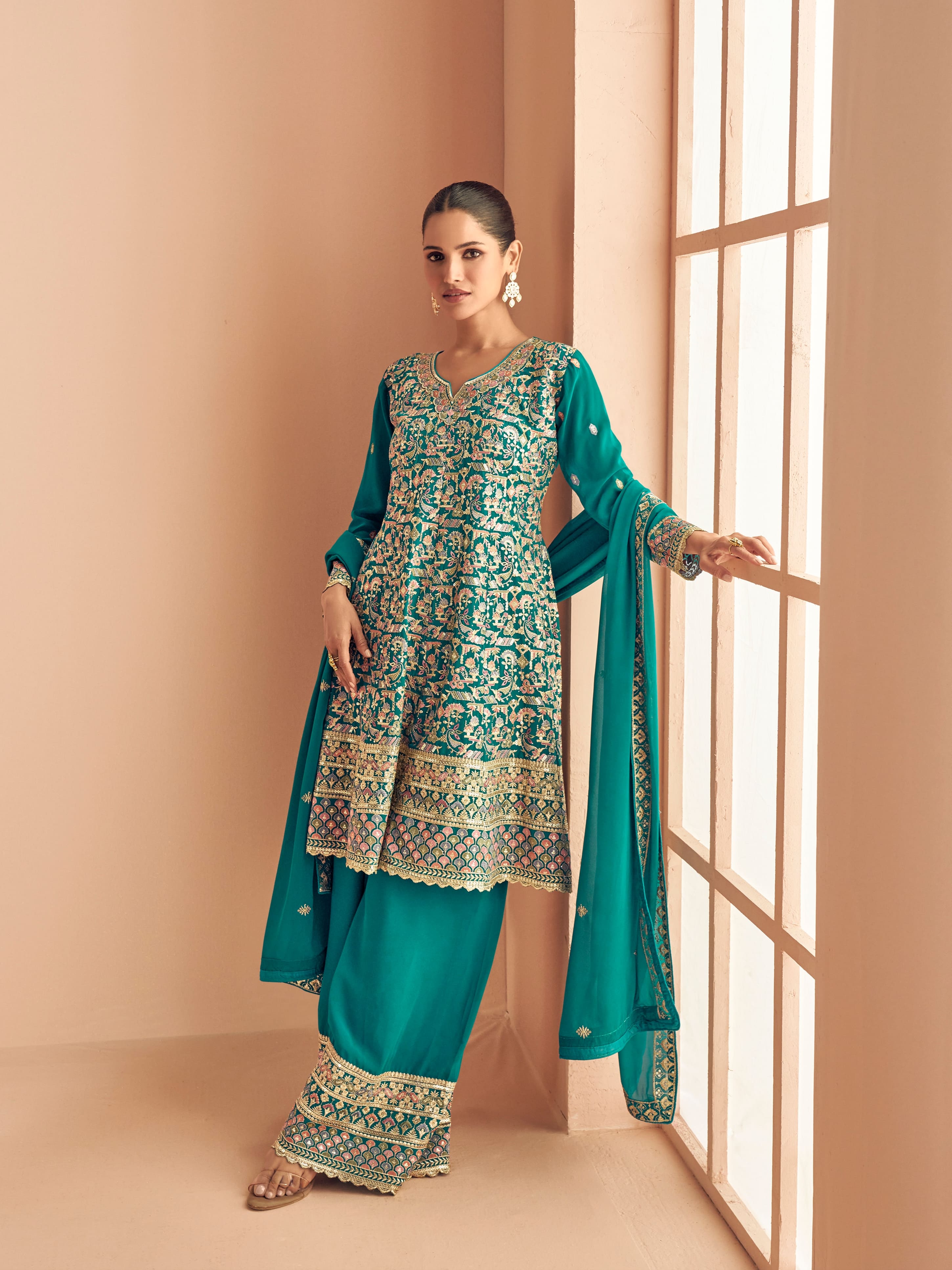 Teal Blue Georgette Embroidered Sharara Suit with Dupatta