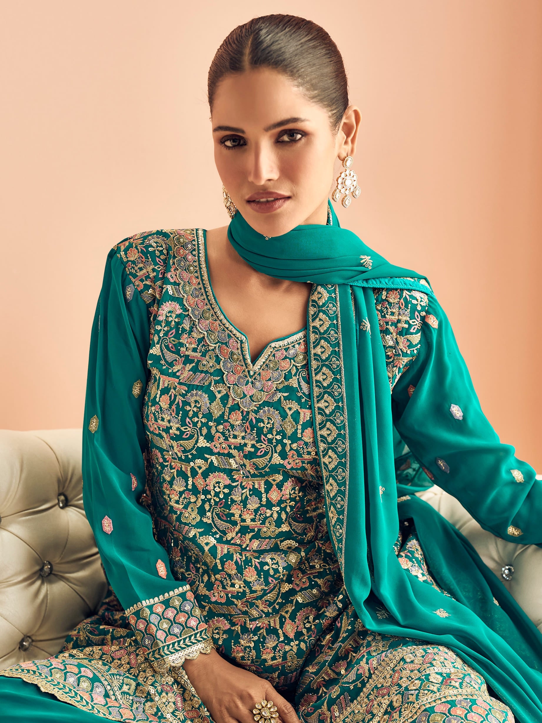 Teal Blue Georgette Embroidered Sharara Suit with Dupatta
