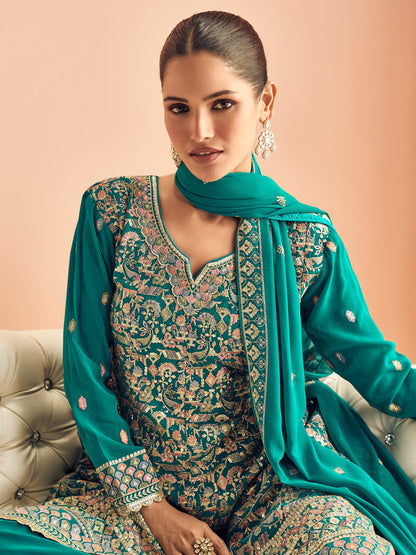 Teal Blue Georgette Embroidered Sharara Suit with Dupatta