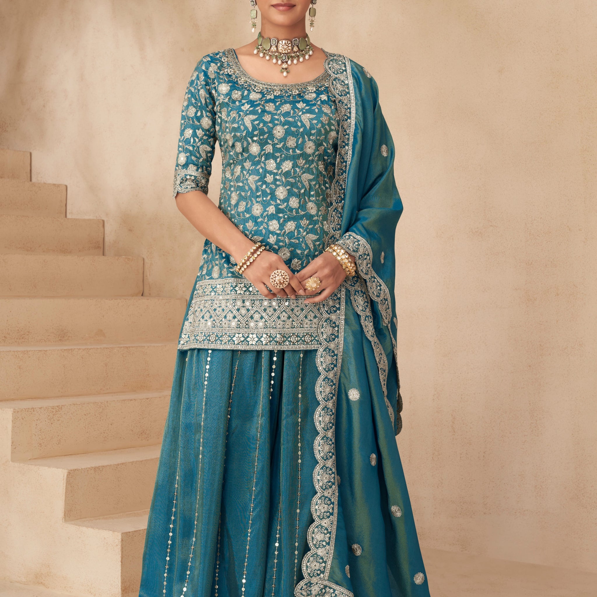 Teal Blue Simar Silk Embroidered Sharara Suit