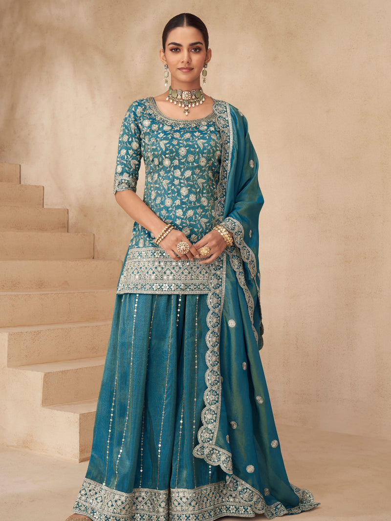 Teal Blue Simar Silk Embroidered Sharara Suit