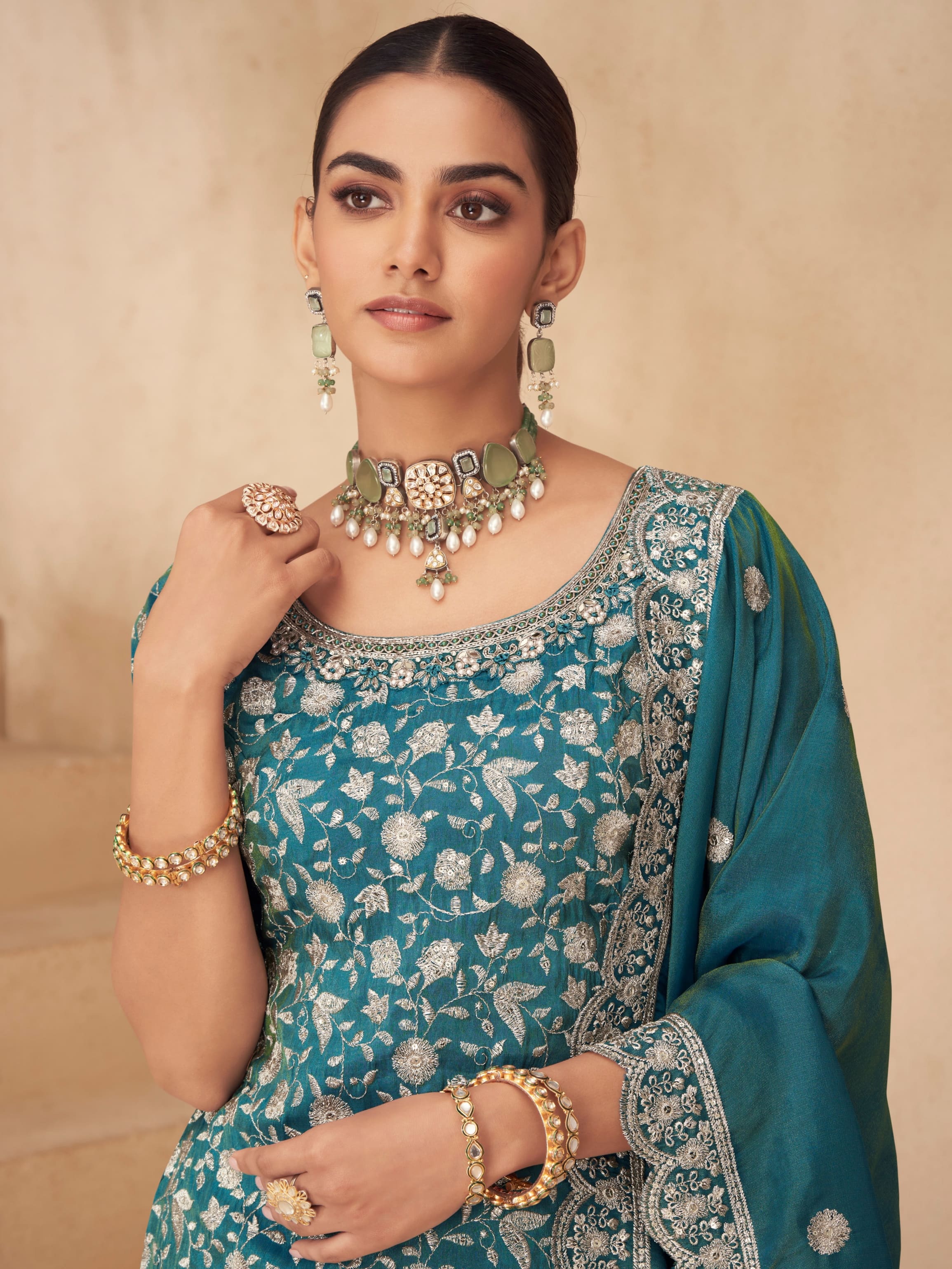 Teal Blue Simar Silk Embroidered Sharara Suit