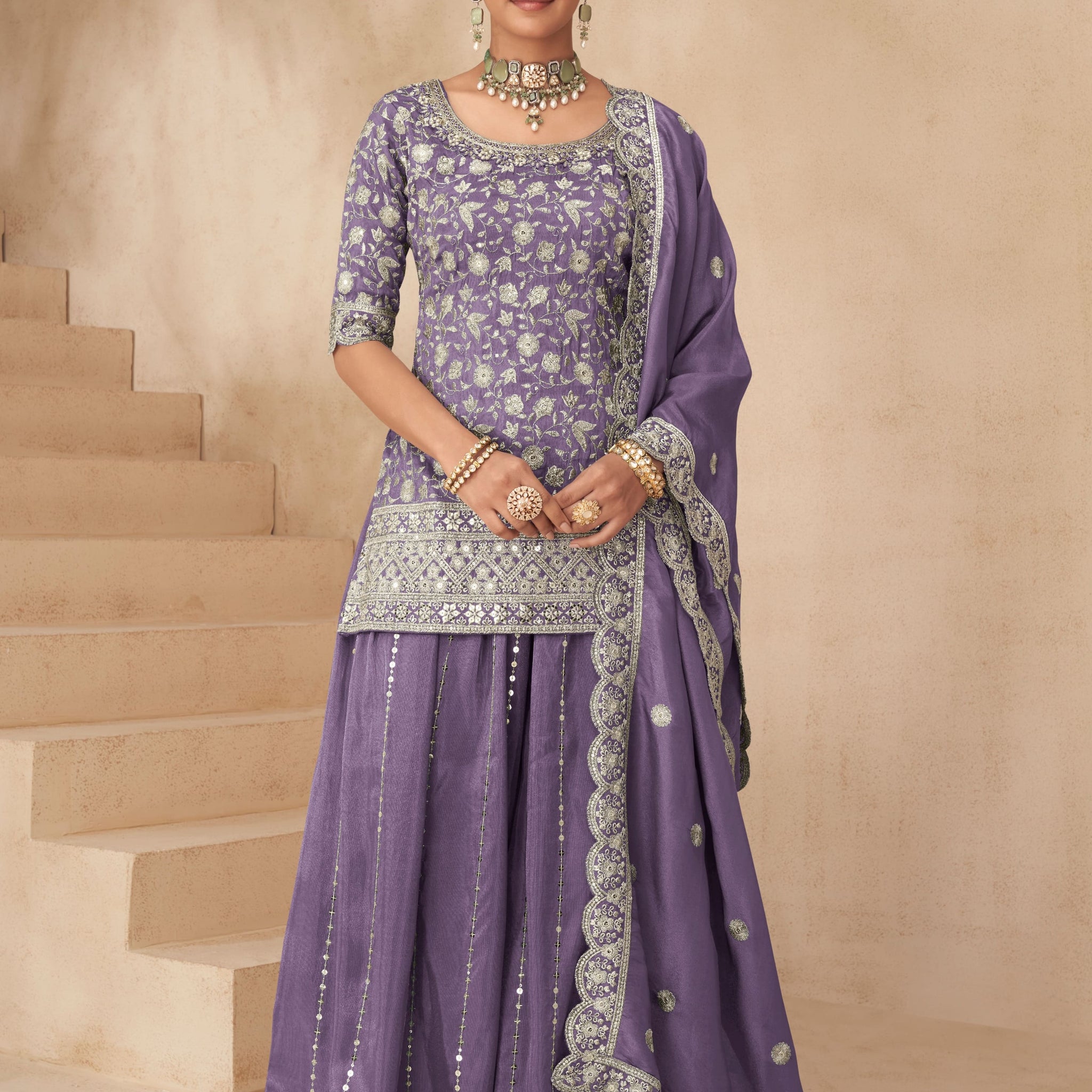 Lavender embroidered Simar silk sharara suit
