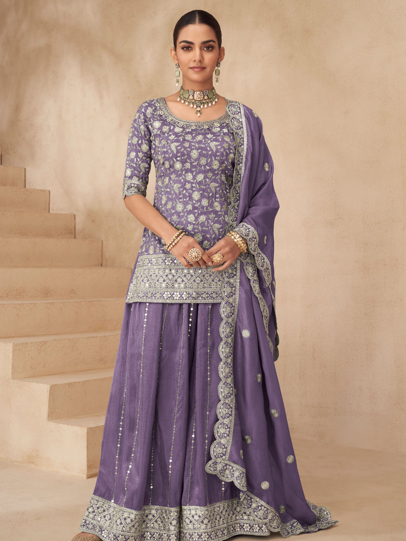 Lavender embroidered Simar silk sharara suit