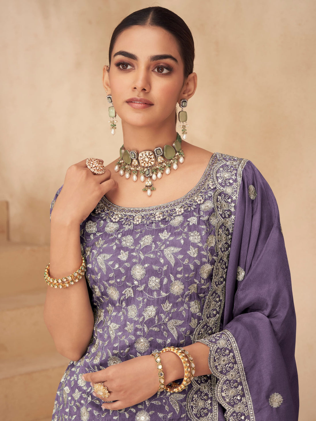 Lavender embroidered Simar silk sharara suit