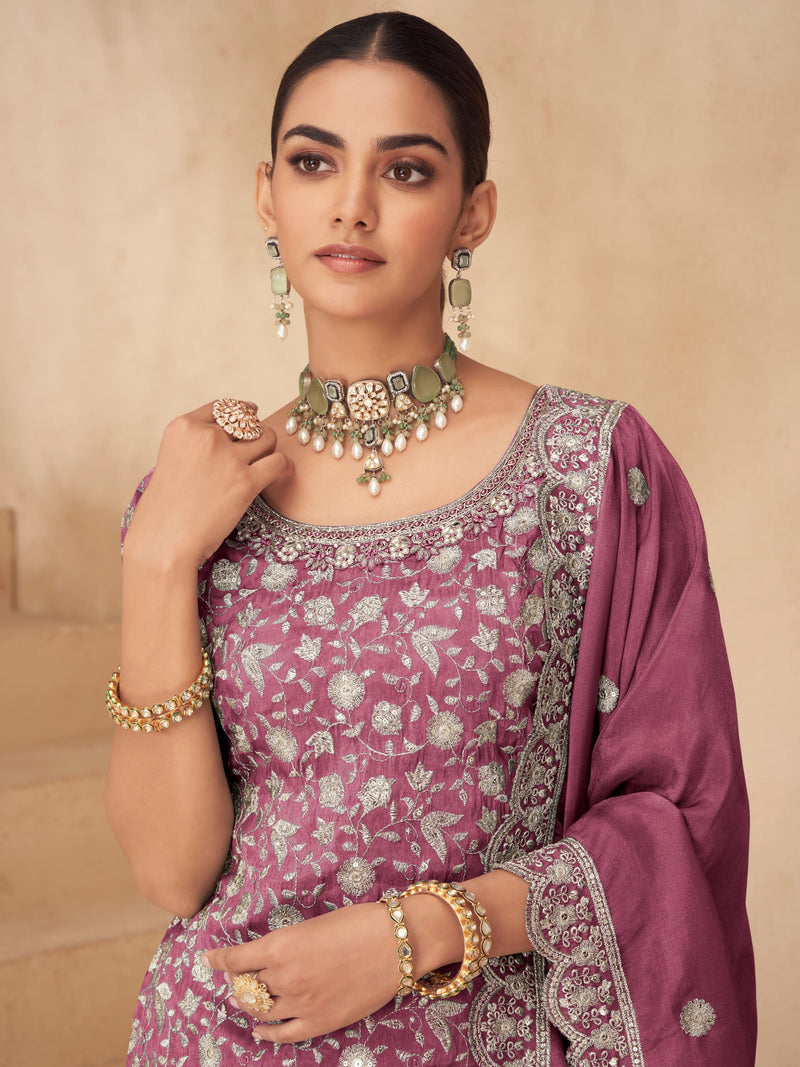 Elegant magenta wedding sharara suit in Simar silk