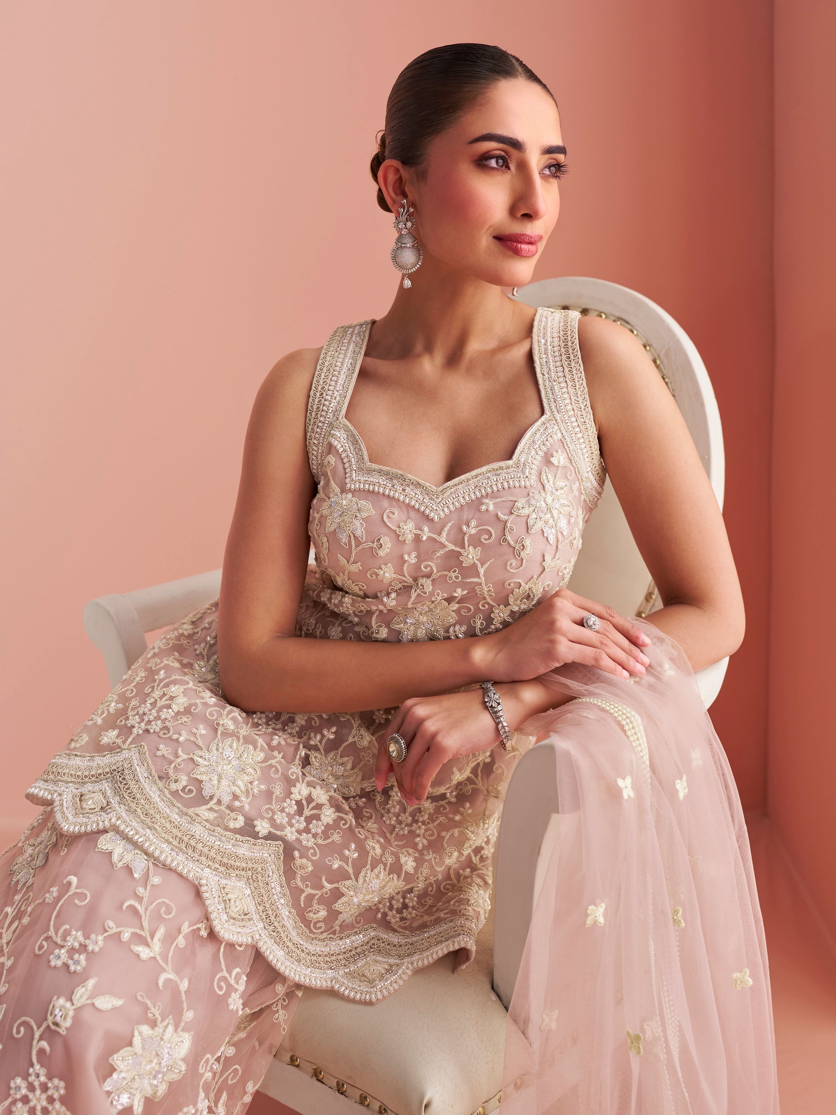 Elegant dusty pink bead work sharara dress