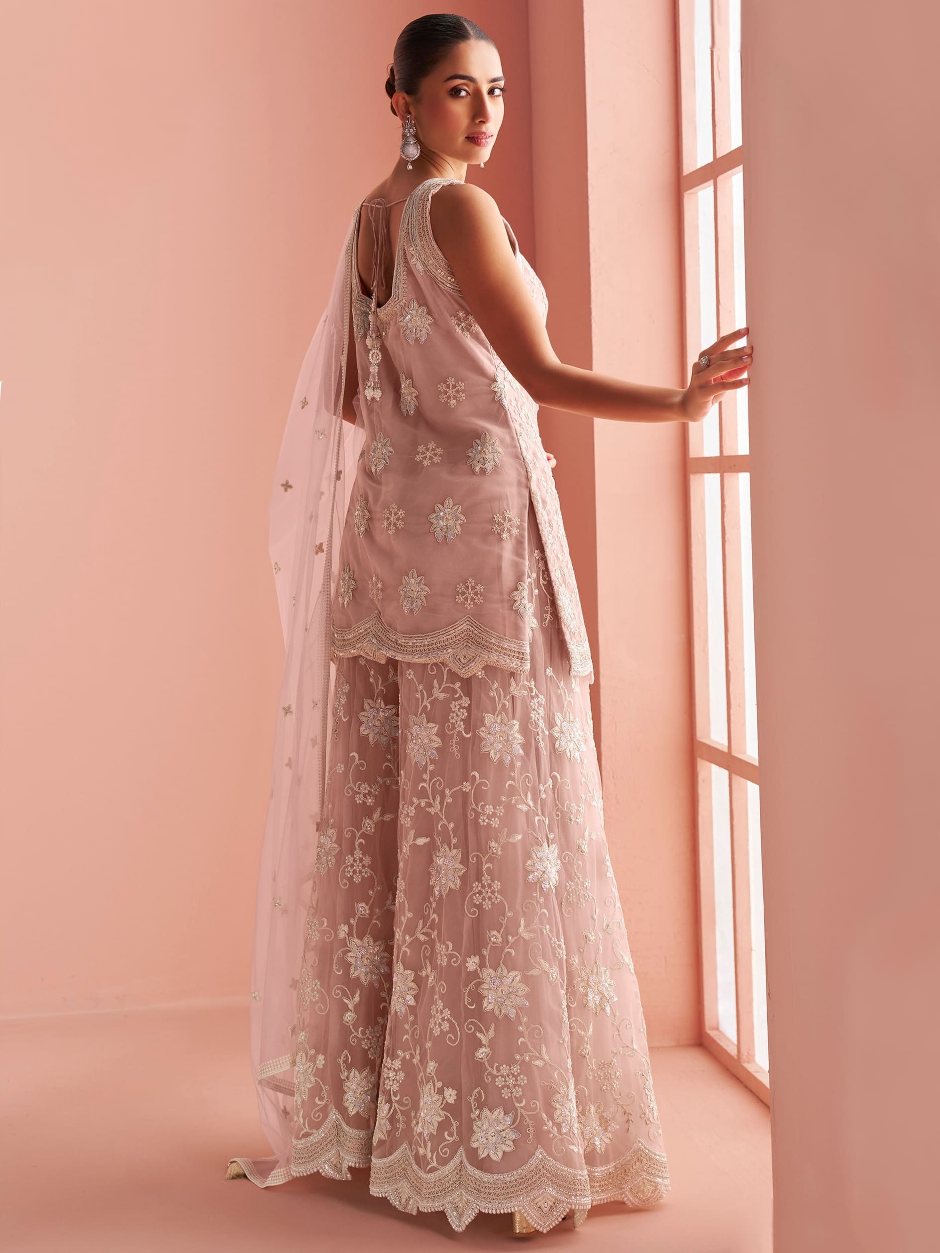 Premium net dusty pink embroidered sharara suit