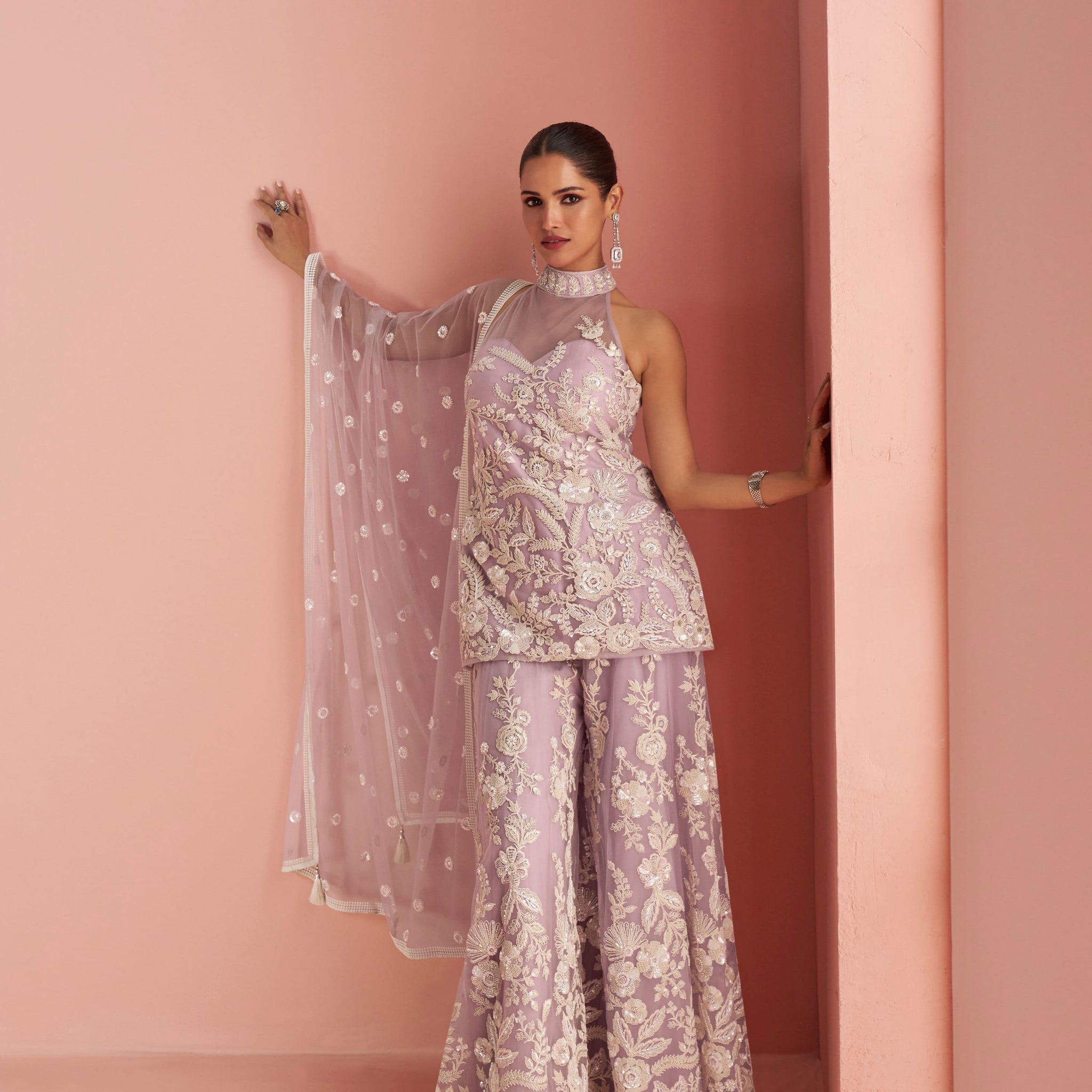 Lavender halter neck embroidered net sharara suit