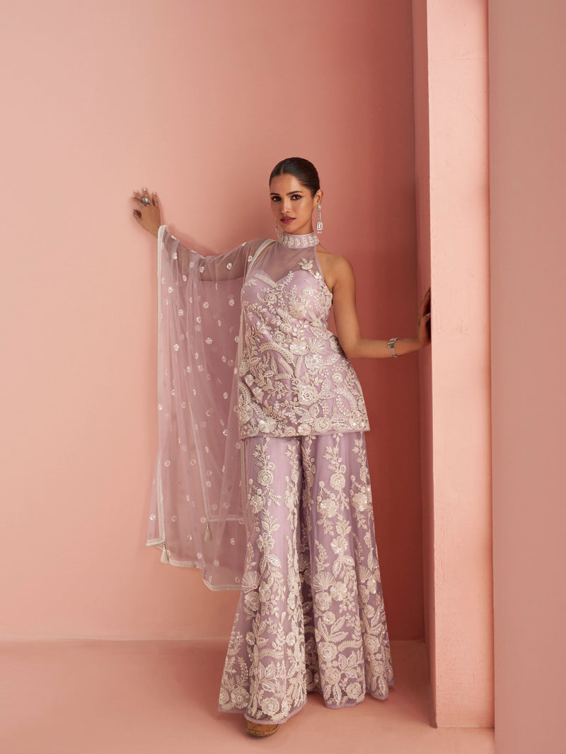 Lavender halter neck embroidered net sharara suit