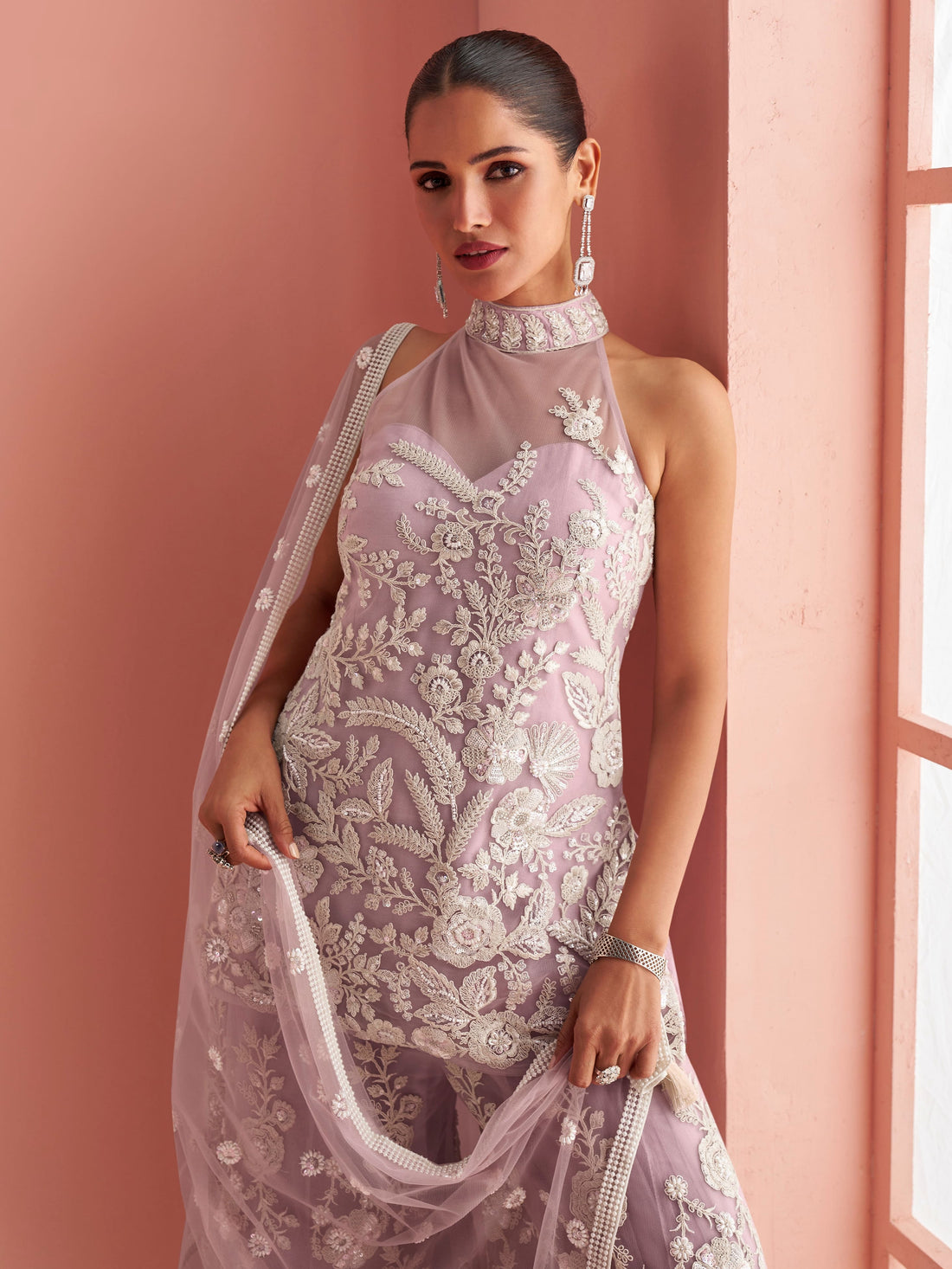 Lavender halter neck embroidered net sharara suit