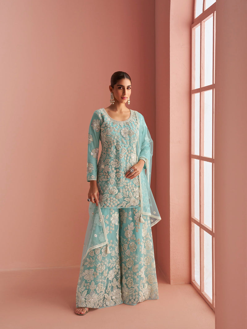 Aqua blue embroidered net sharara suit with dupatta