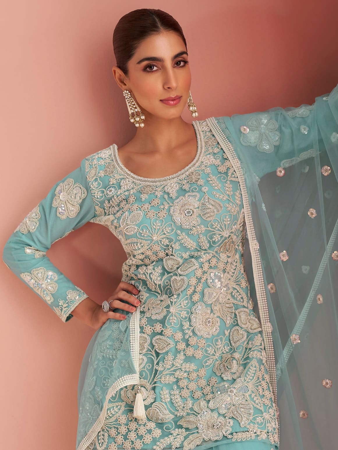 Elegant aqua sharara dress with bead detailing