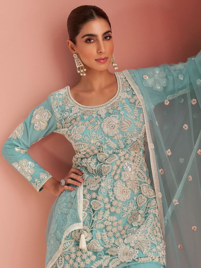 Elegant aqua sharara dress with bead detailing