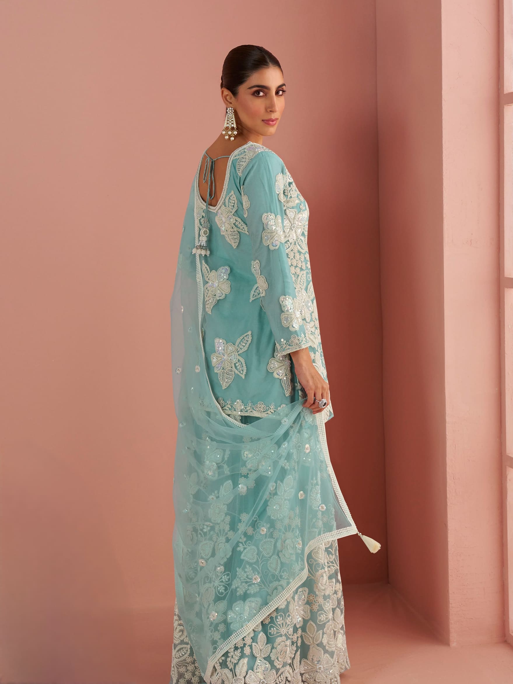 Designer aqua blue sharara for festive occasions