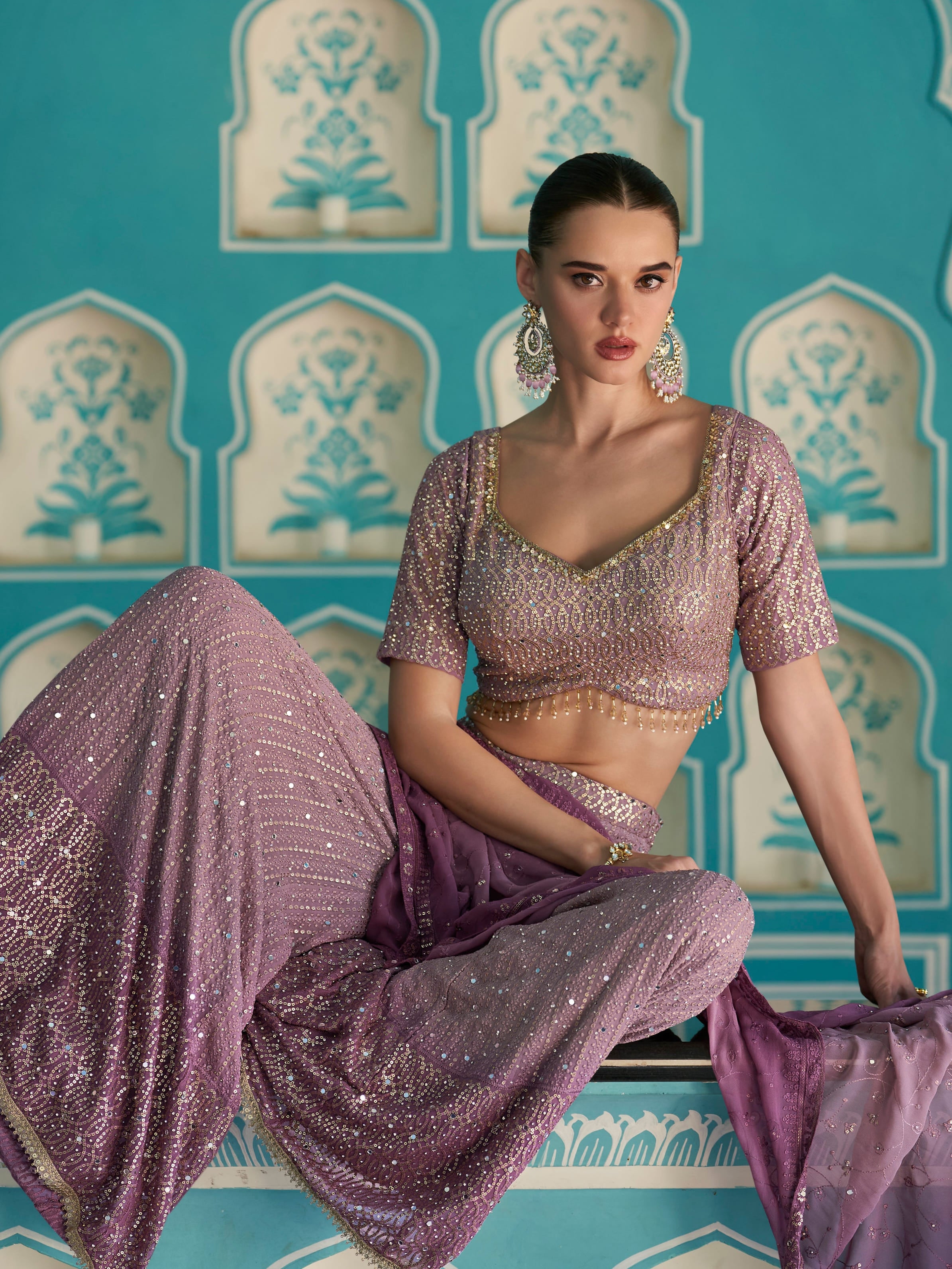 Lavender Georgette Palazzo Suit with Heavy Seroski Zarkan Work