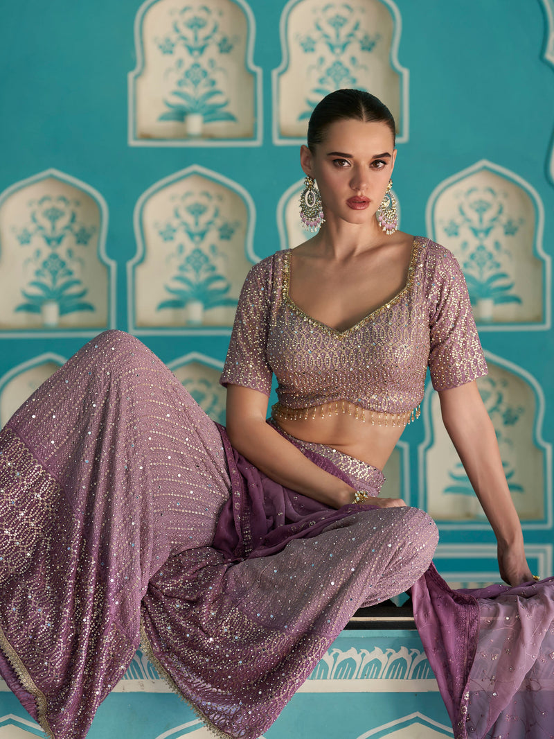 Lavender Georgette Palazzo Suit with Heavy Seroski Zarkan Work