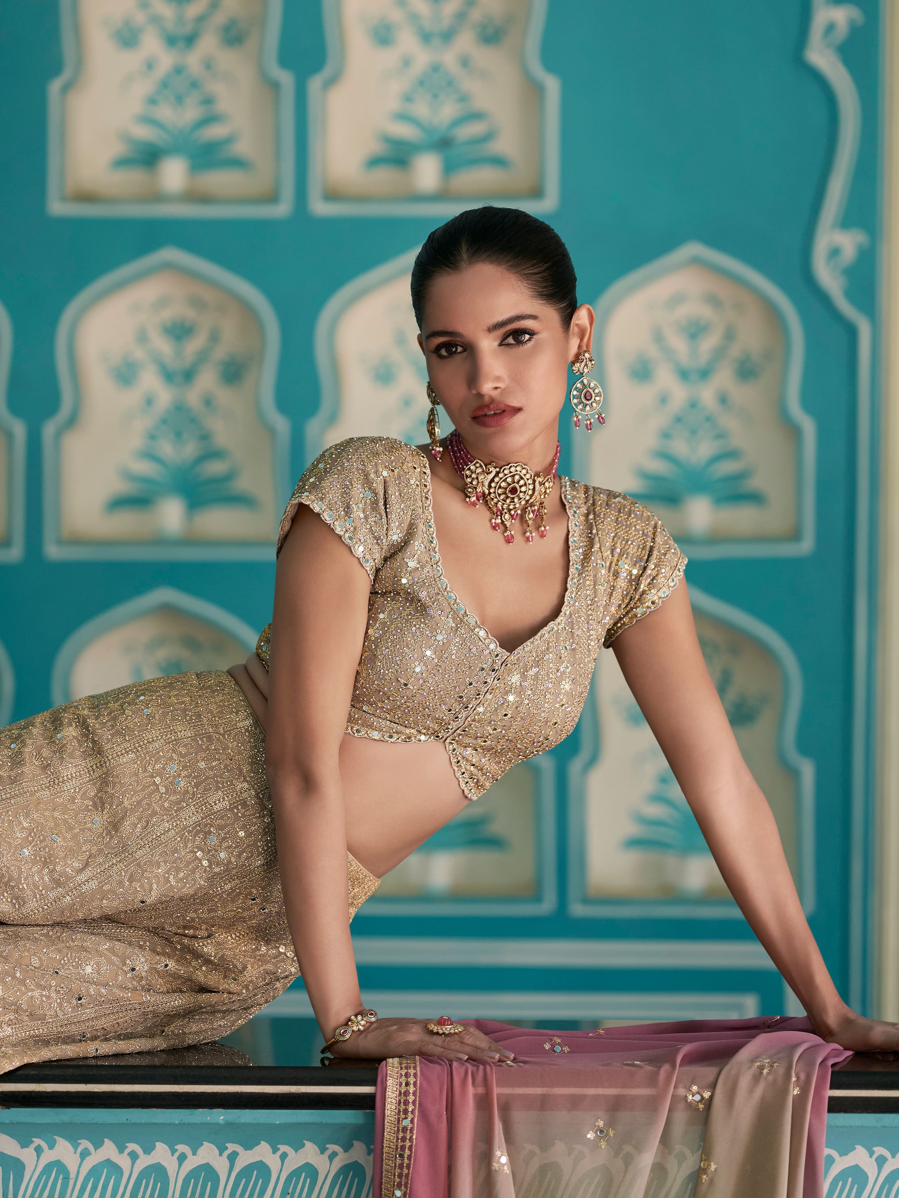 Golden Beige Palazzo Suit with Pink Dupatta