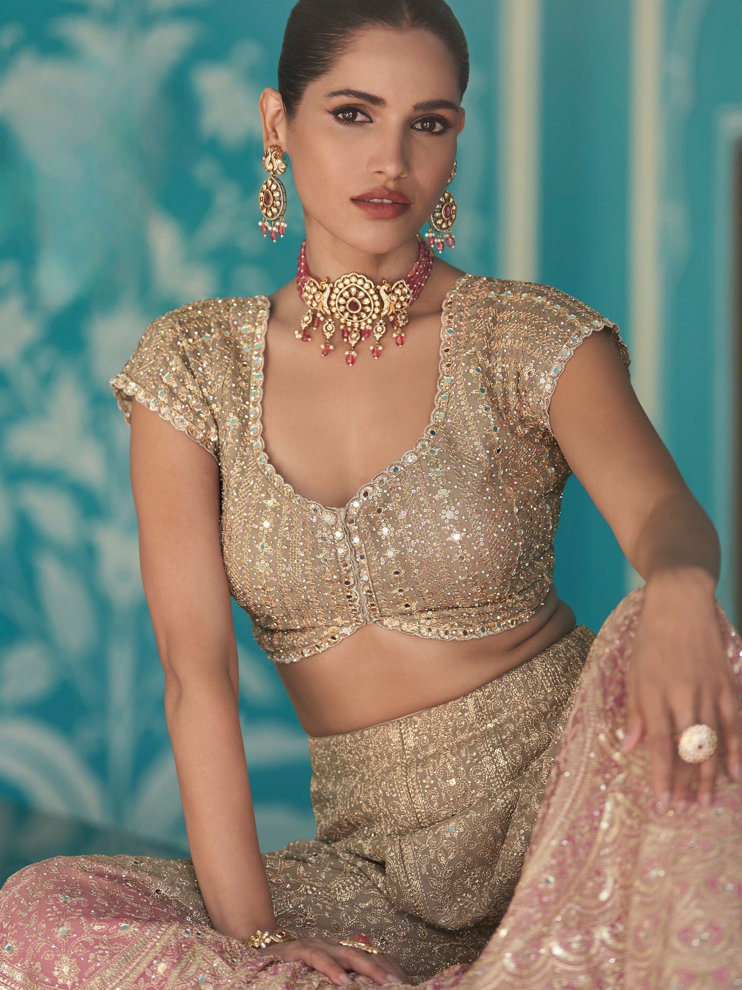 Golden Beige Palazzo Suit with Pink Dupatta