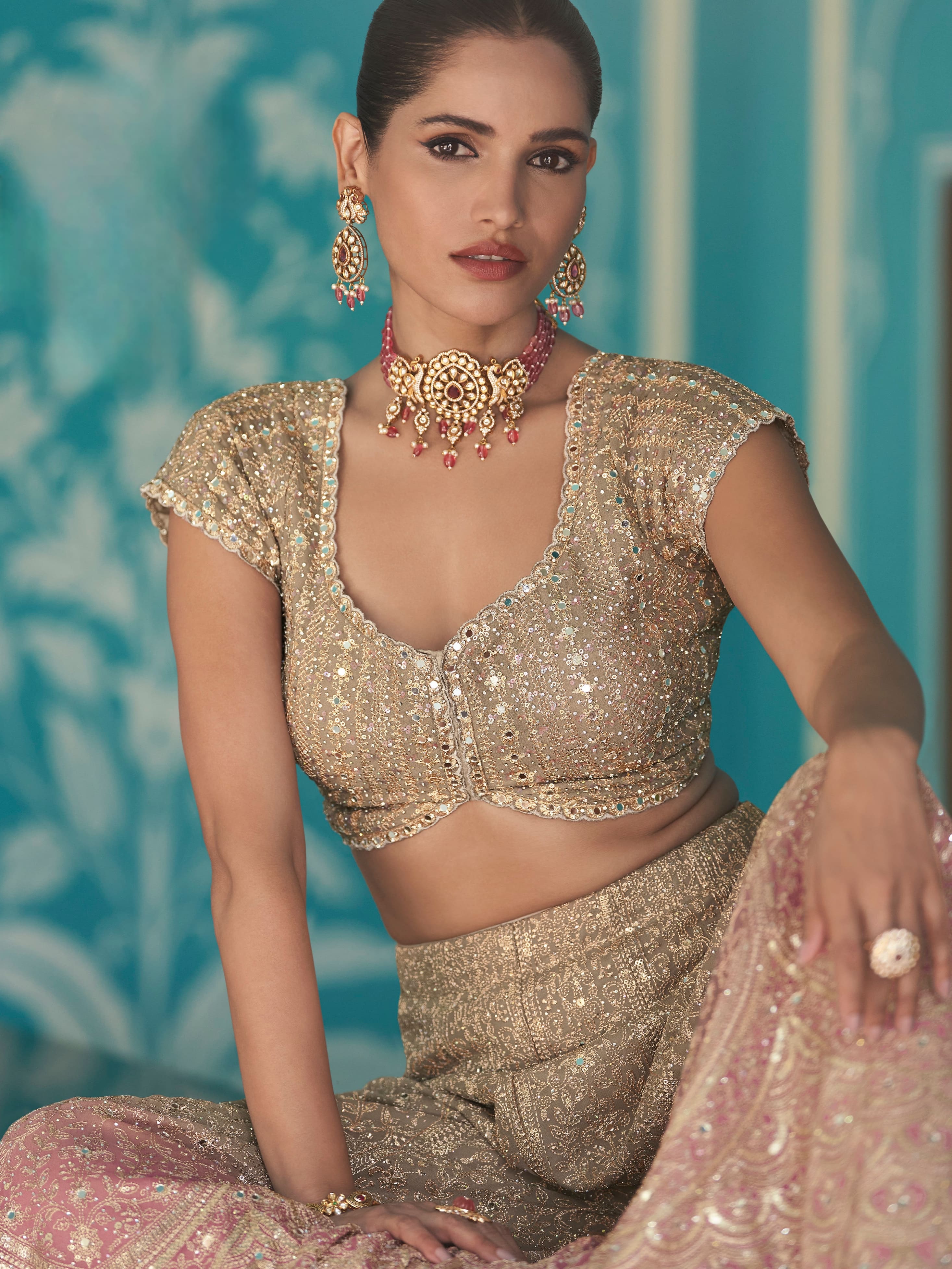 Golden Beige Palazzo Suit with Pink Dupatta