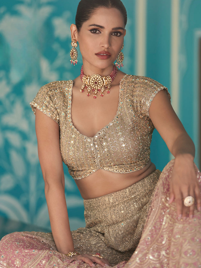 Golden Beige Palazzo Suit with Pink Dupatta